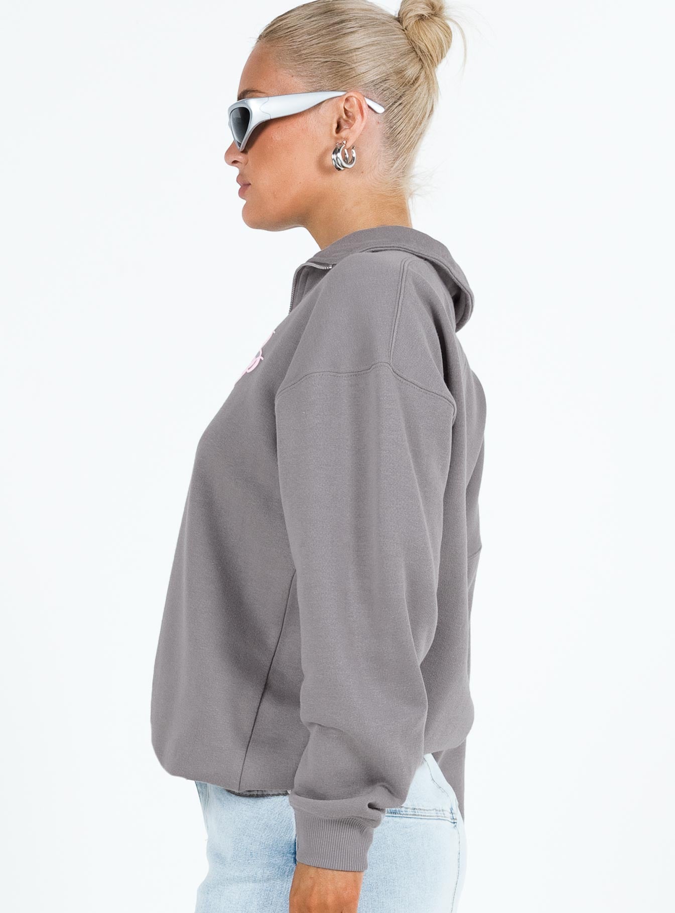 Princess Polly Quarter Zip Sweatshirt Cursive Text Charcoal / Light Pink - Image 4