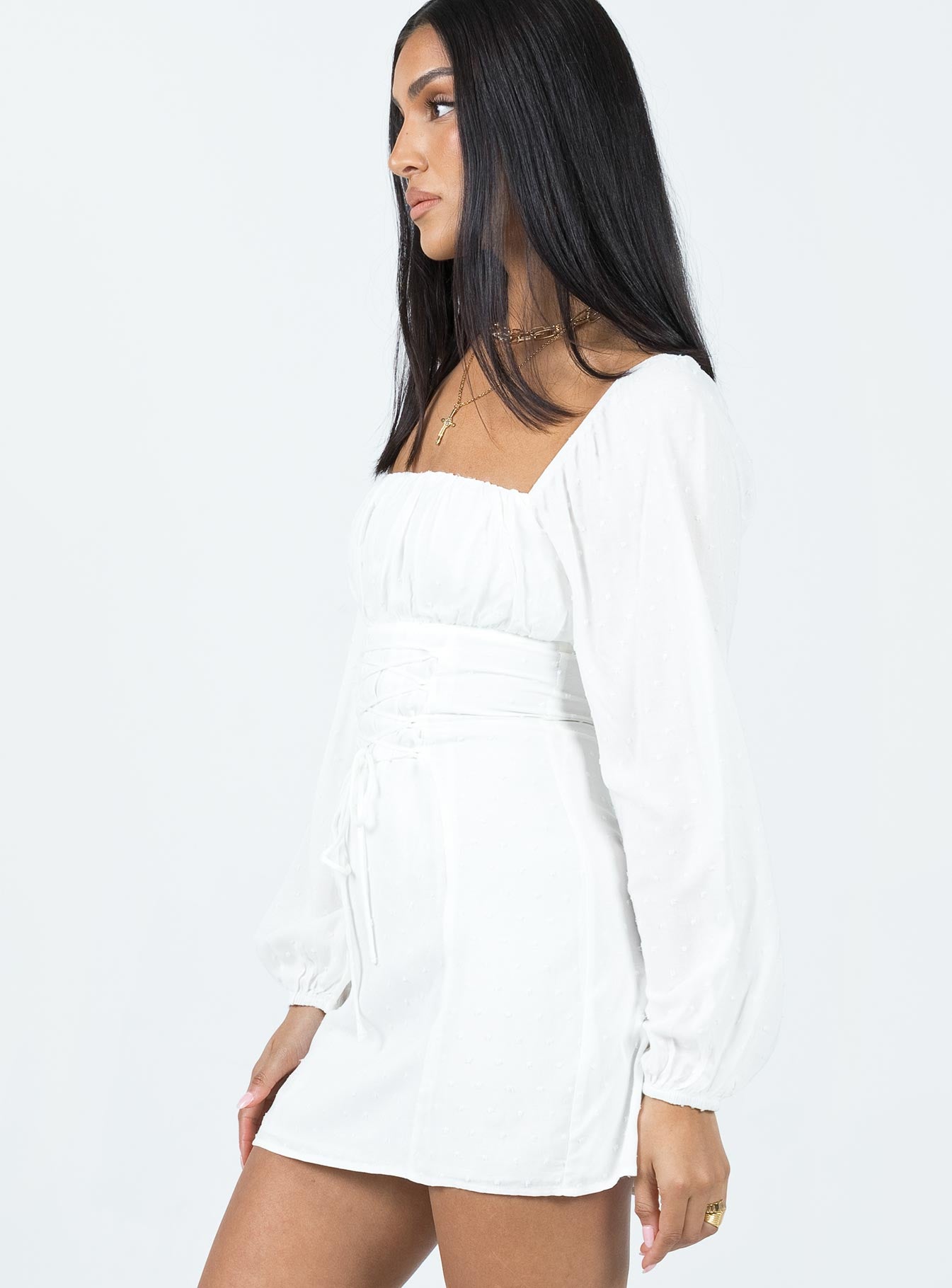 Fauce Long Sleeve Mini Dress Cream - Image 4