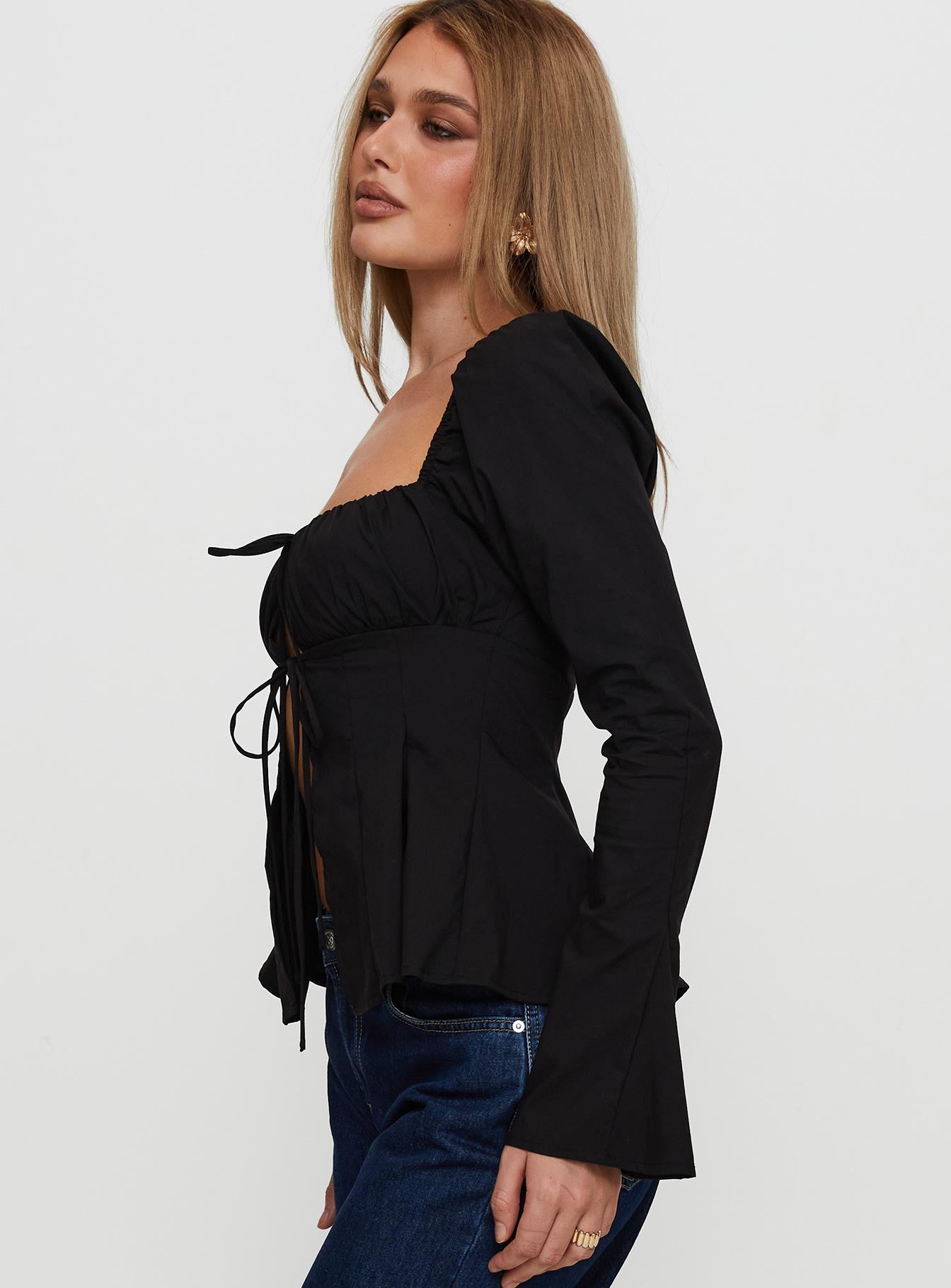 Lilibette Tie Up Long Sleeve Top Black - Image 4