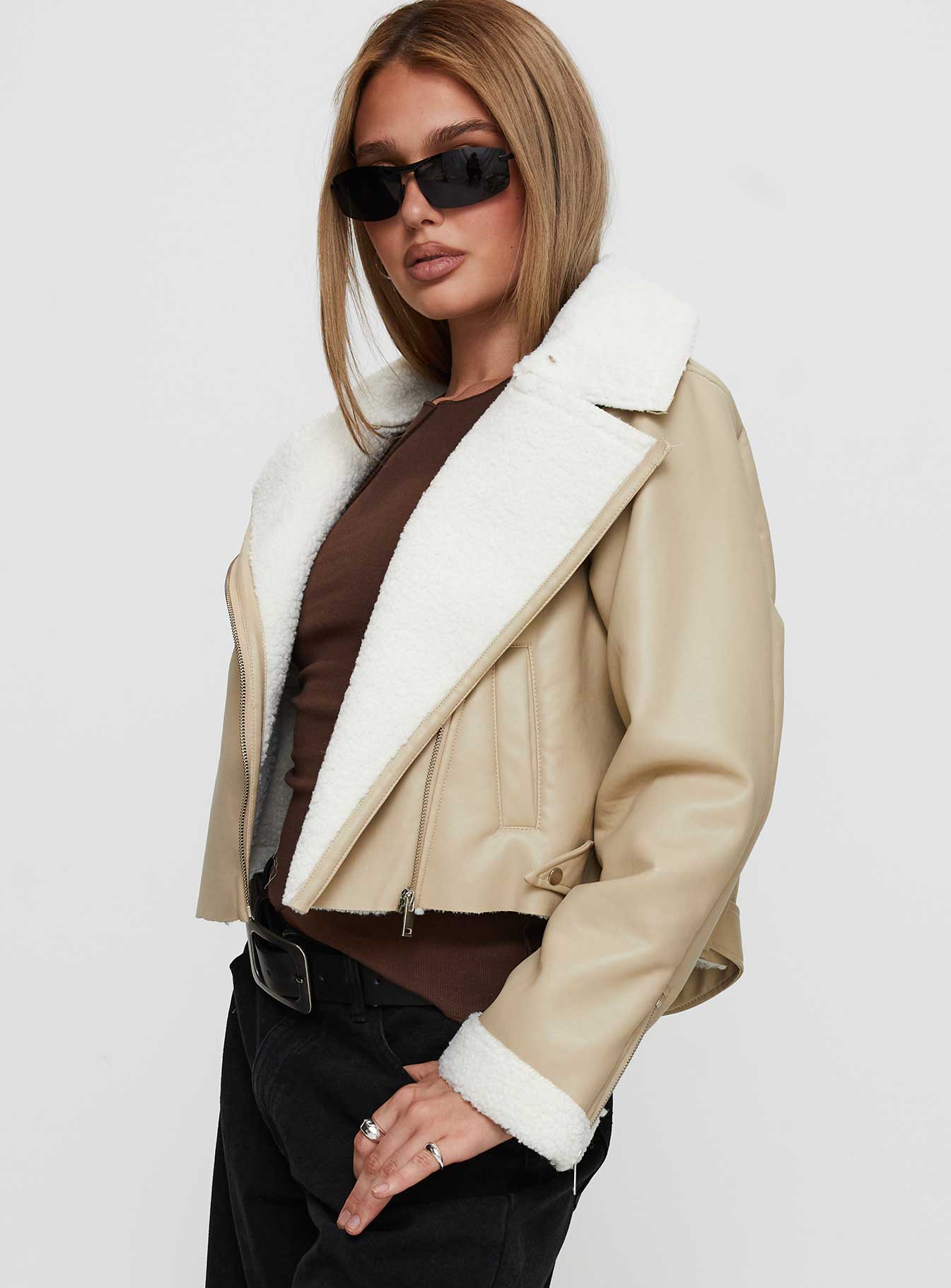Shearling Trim Faux Leather Jacket Beige - Image 3