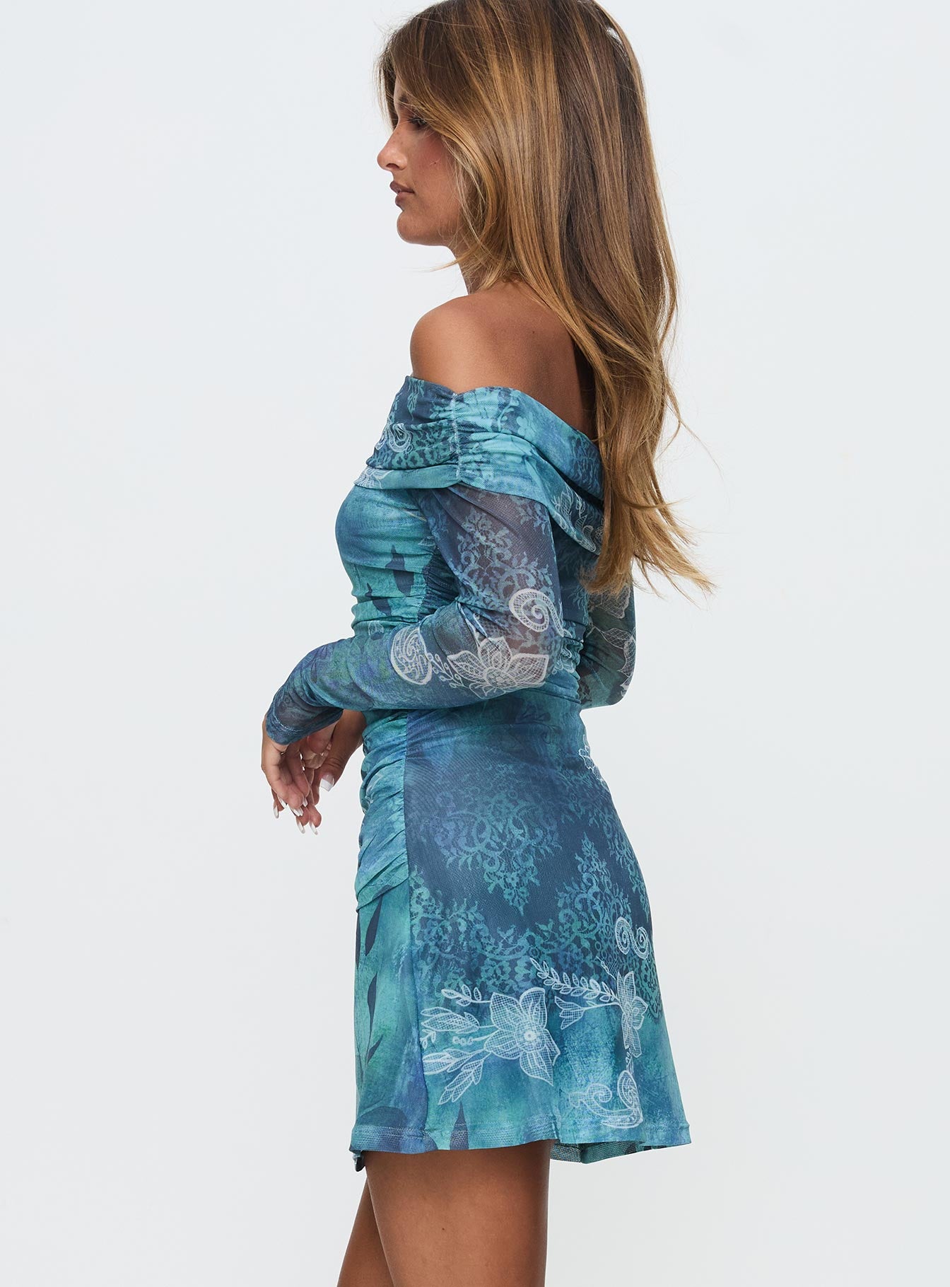 Olympique Long Sleeve Mini Dress Blue Multi - Image 4