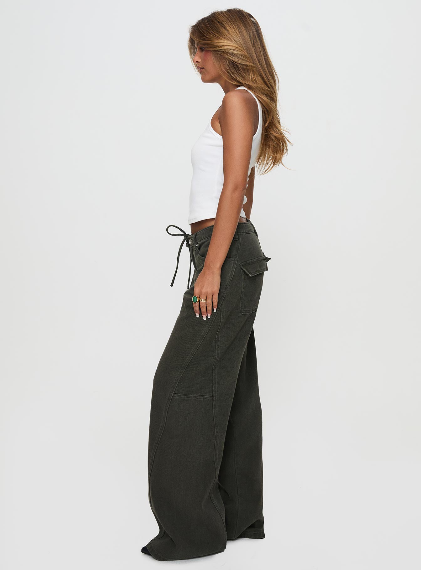 Bruiser Tie Waist Mid Rise Wide Leg Jeans Green - Image 4