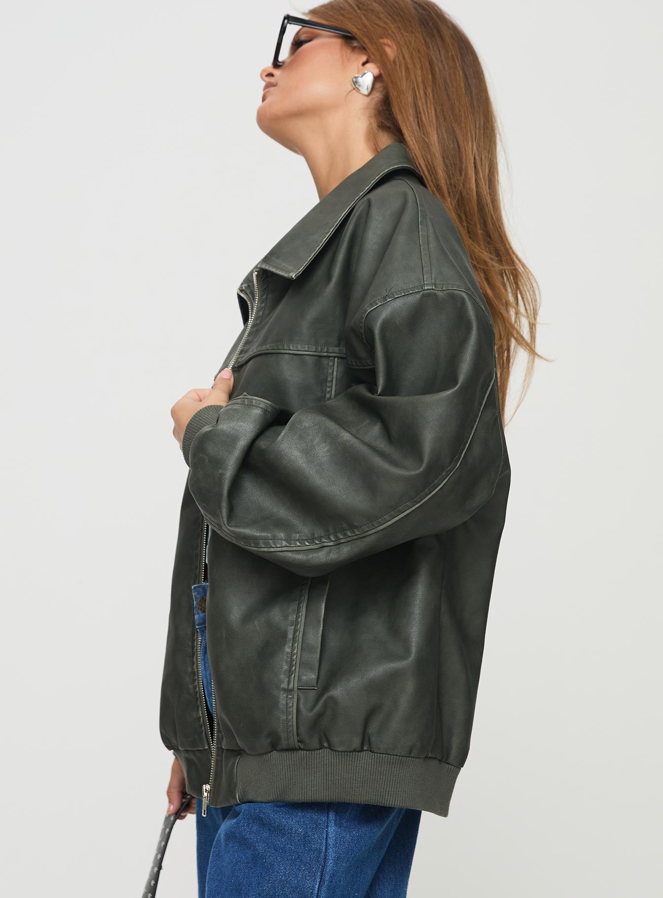Goldsmith Faux Leather Bomber Jacket Washed Forest - Image 5
