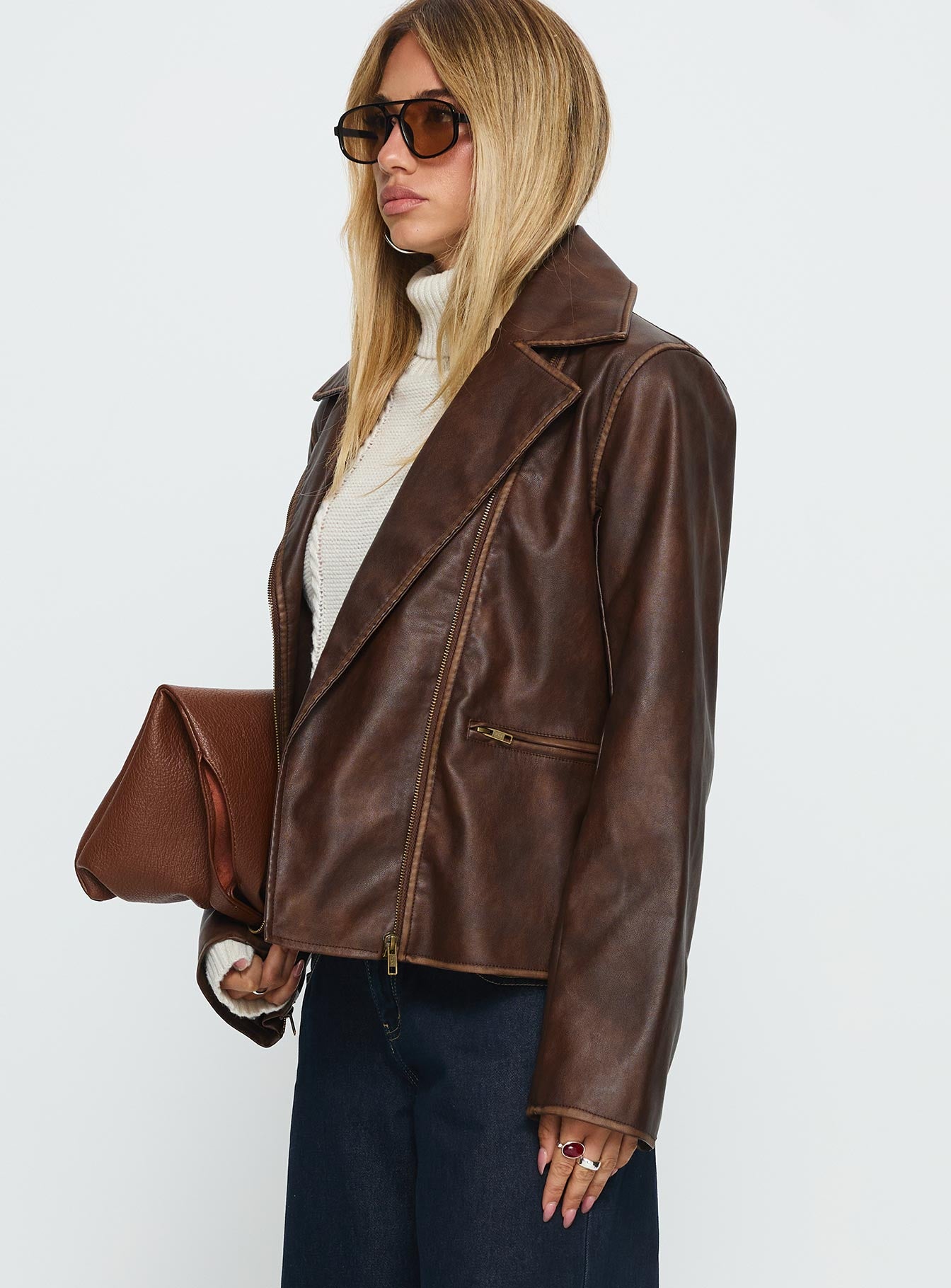 Vyolette Faux Leather Collared Jacket Washed Brown - Image 4