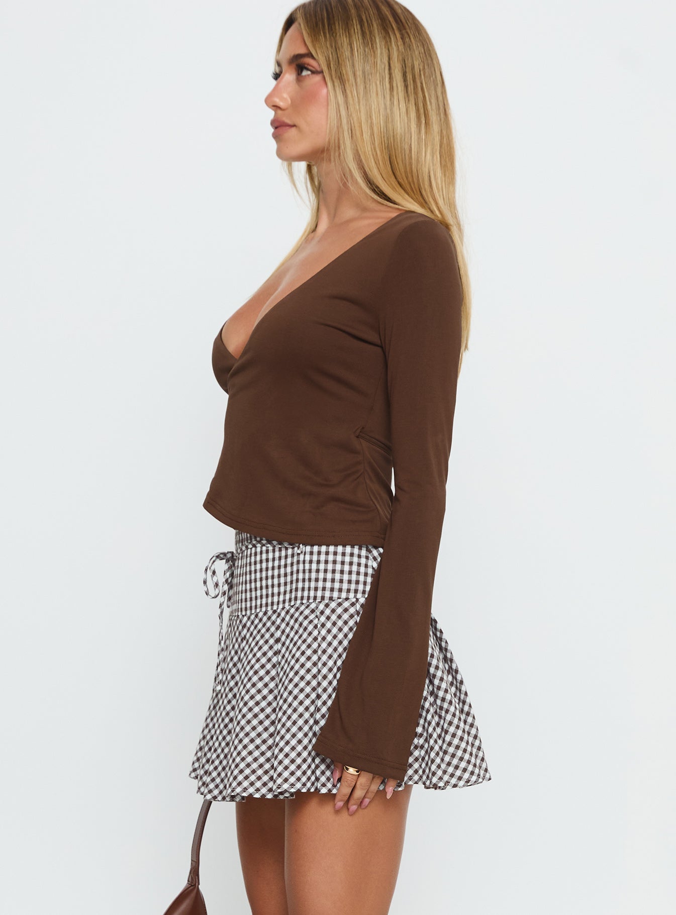 Nikoleta Pleat Mini Skirt Brown / White Check - Image 3