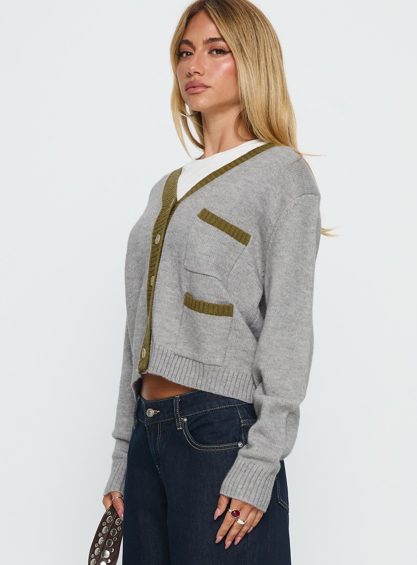 Atira Contrast Knit Cardigan Grey - Image 3