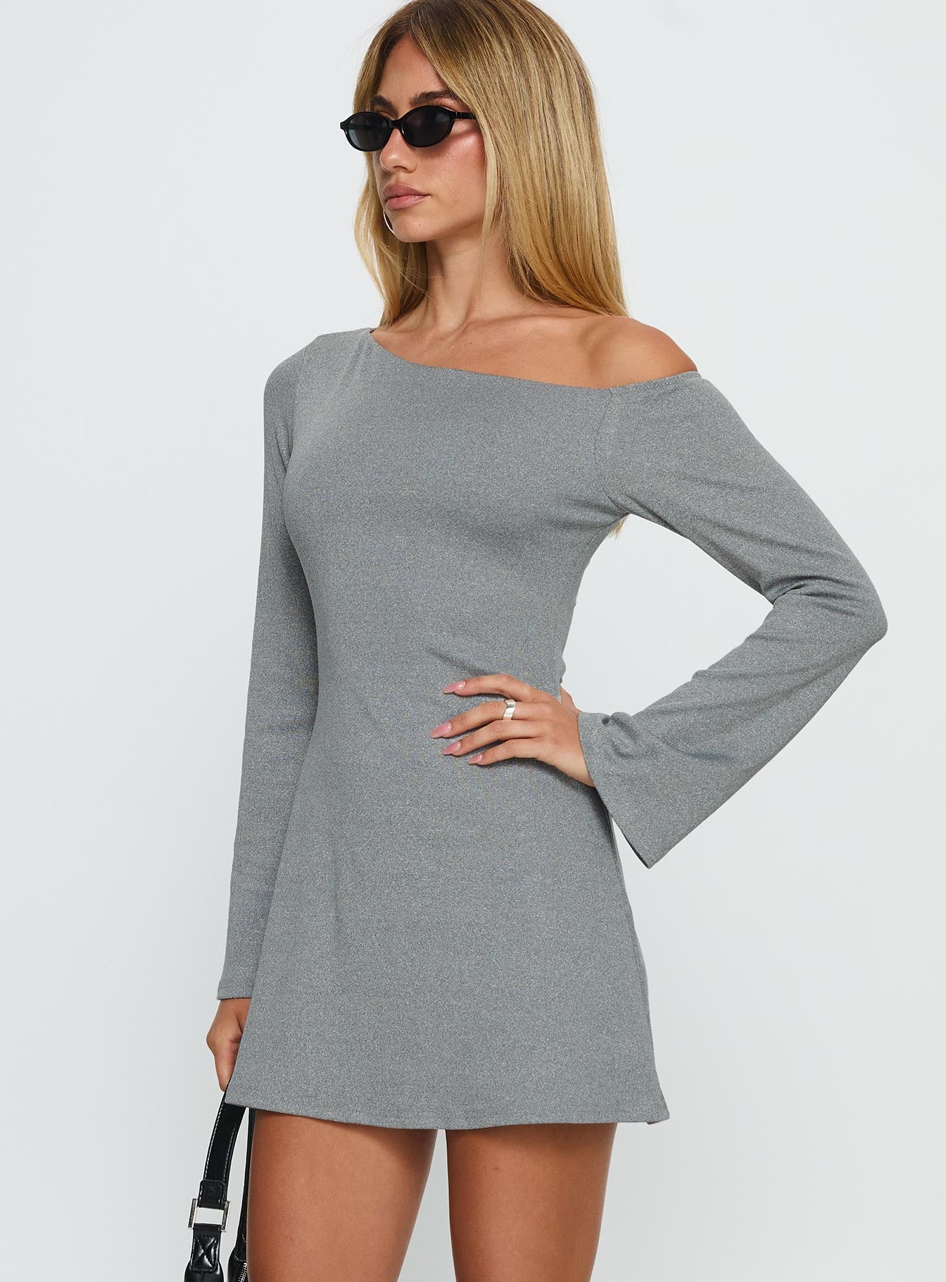 Adrietta Off Shoulder Long Sleeve Mini Dress Grey Marle - Image 3