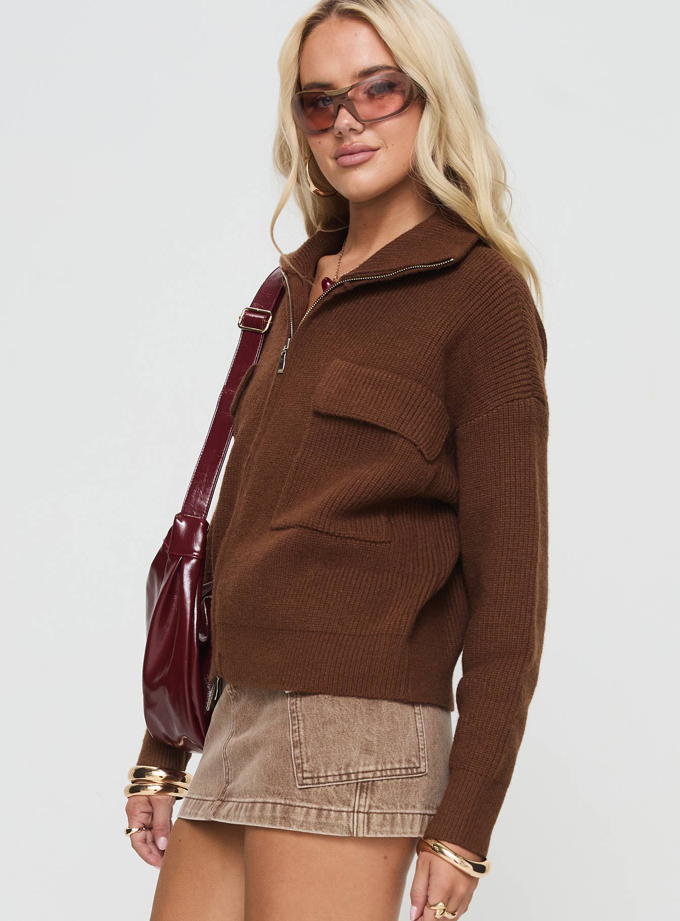 Too Busy Zip Up Sweater Chocolate - Image 4