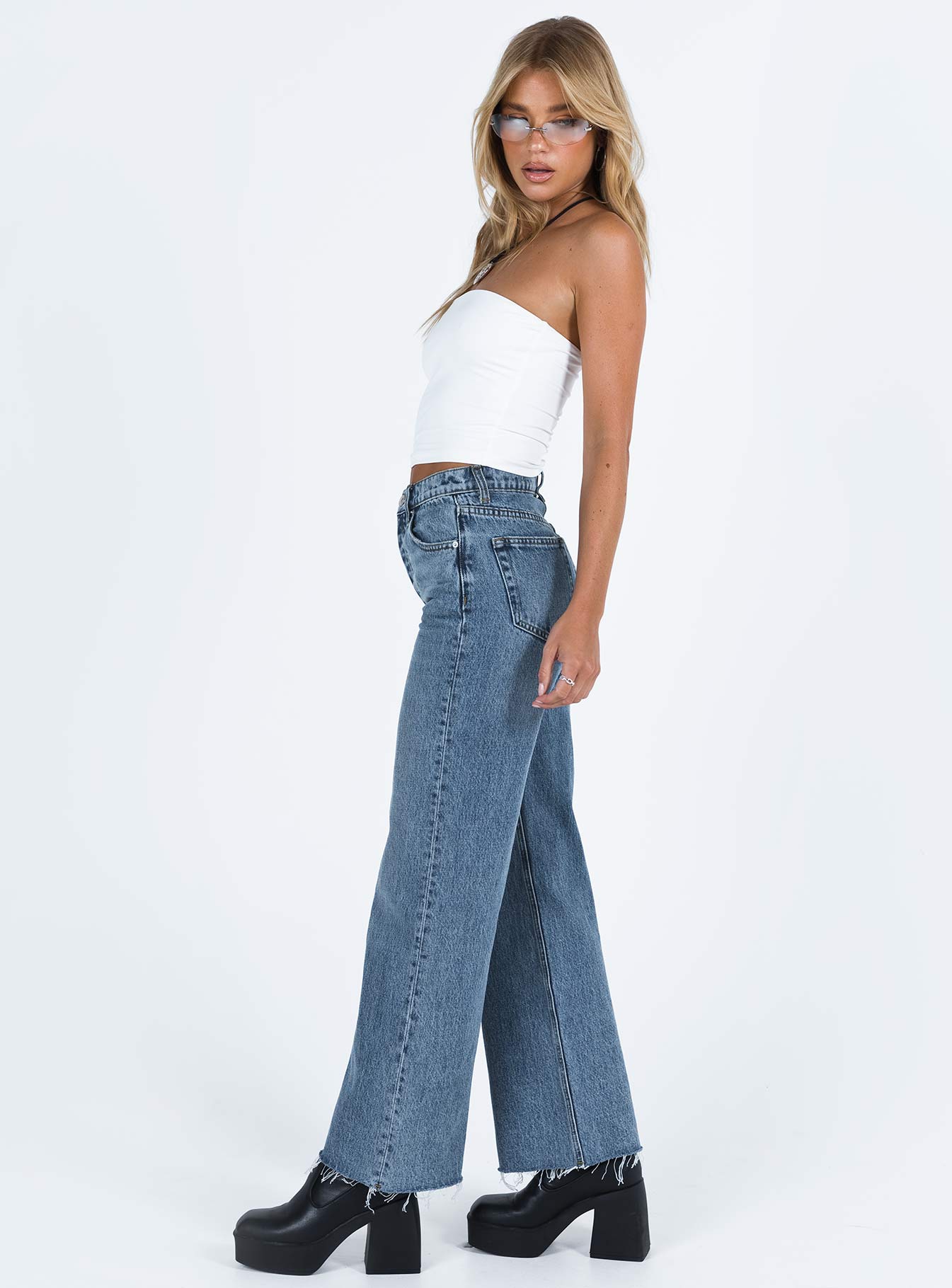 Fawcett High Rise Straight Leg Jeans Mid Blue Wash - Image 4