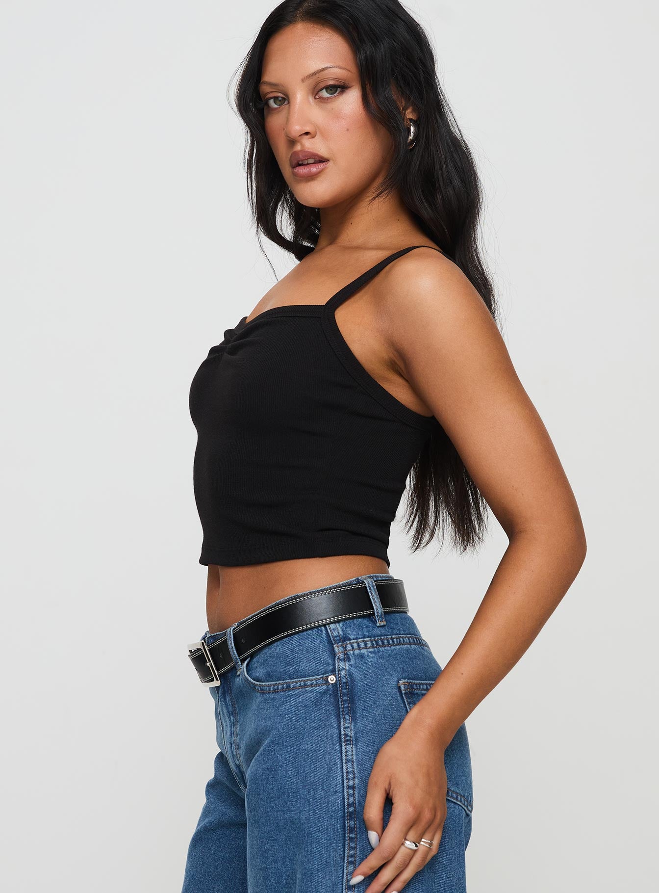 Essentials Ruched Rib Cami Top Black - Image 4