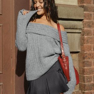 Snowie Off Shoulder Knit Sweater Grey