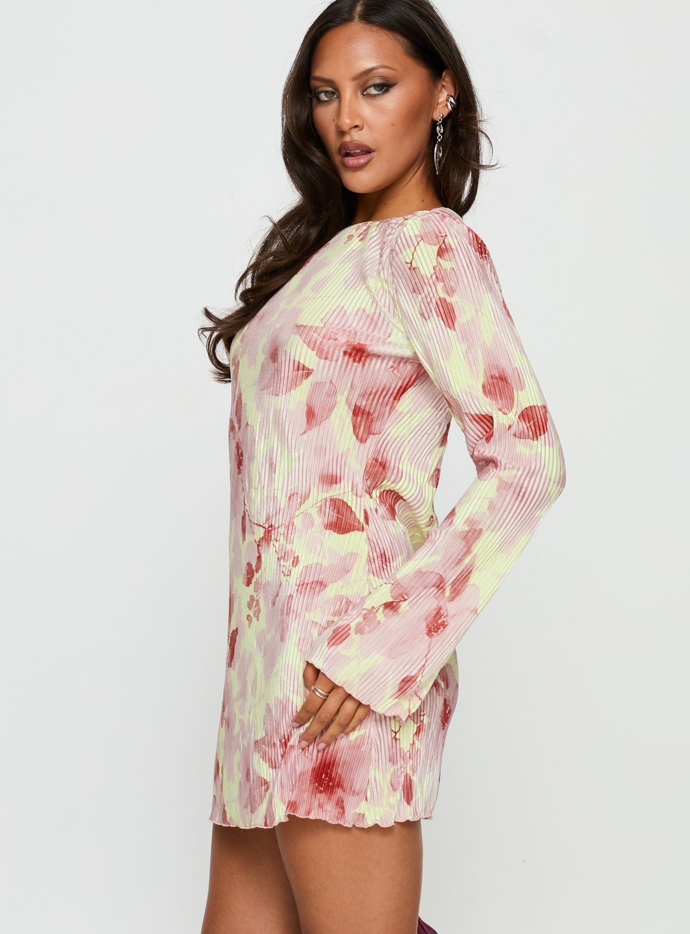 Odelie Long Sleeve Plisse Mini Dress Multi Floral - Image 3
