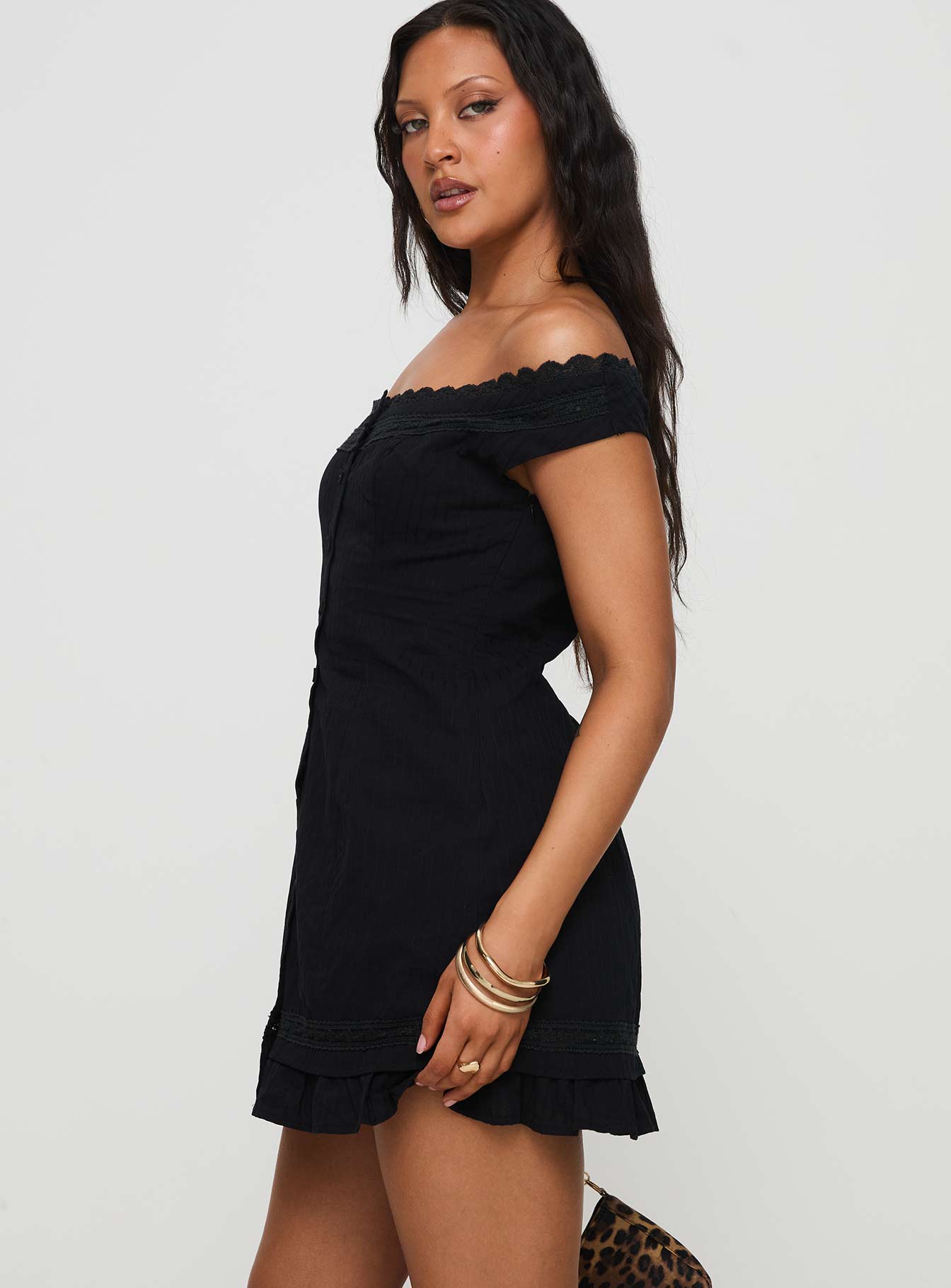 Mirrorball Off The Shoulder Mini Dress Black - Image 3