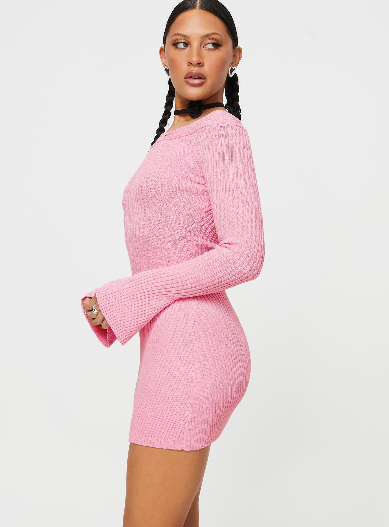 Pember Off The Shoulder Knit Mini Dress Pink - Image 8
