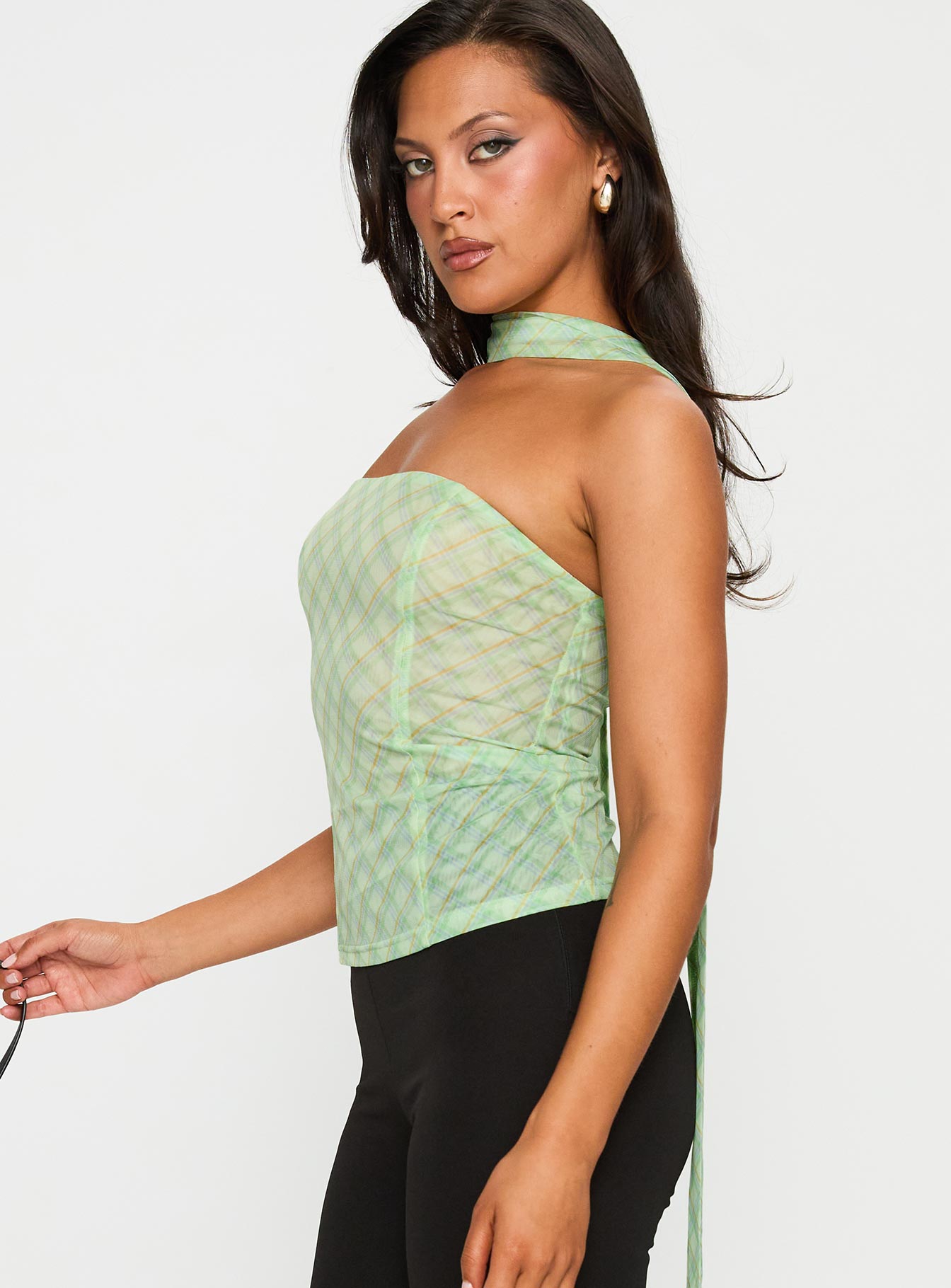 No Comparison Neck Tie Strapless Top Green Check - Image 4