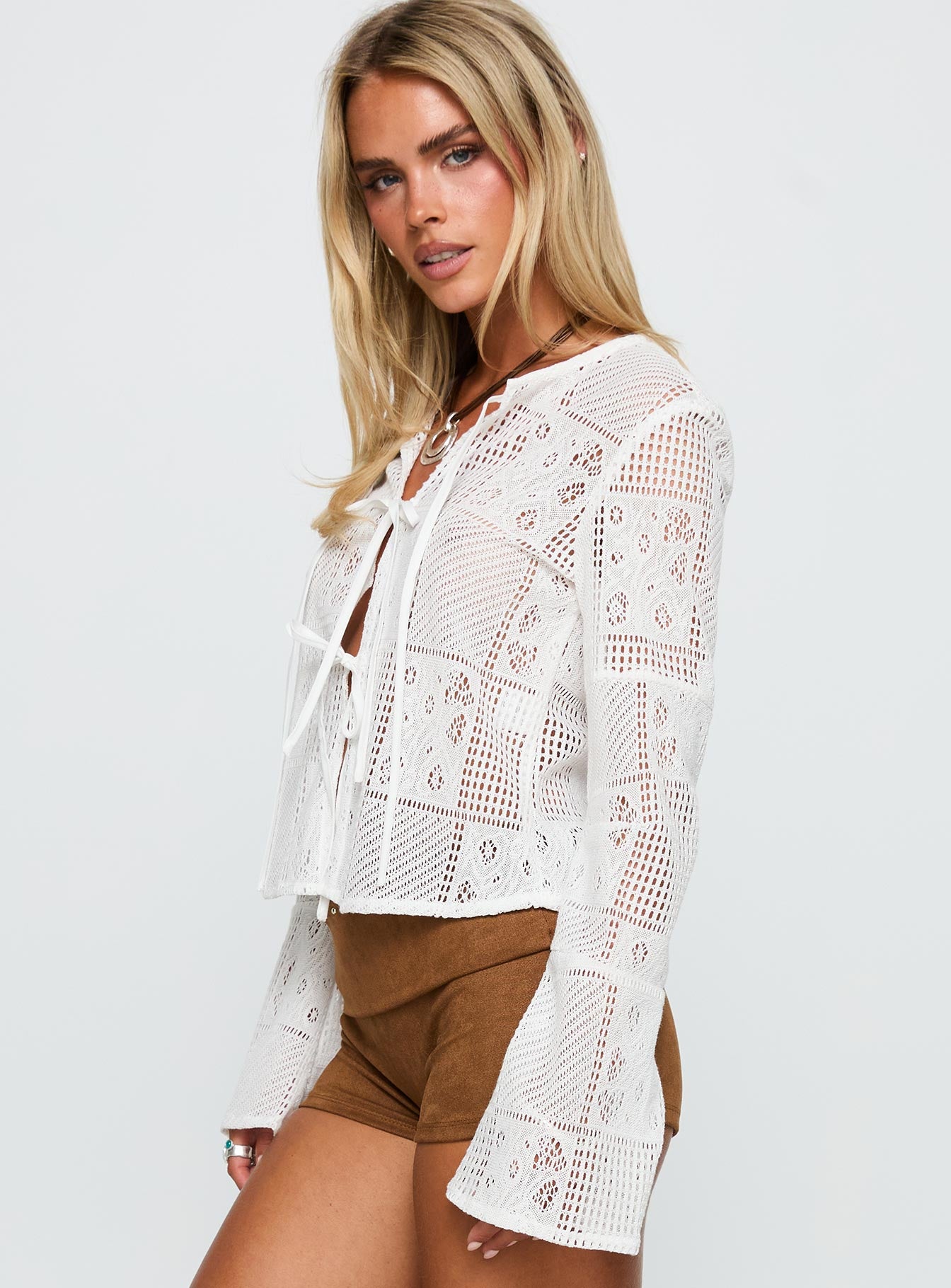 Mine For Life Crochet Long Sleeve Top White - Image 4