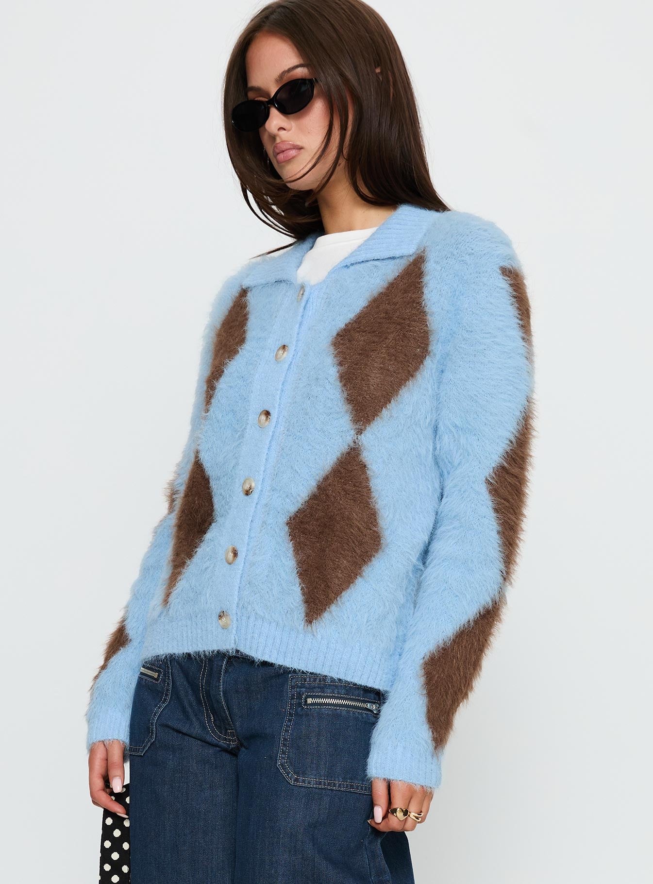 Lynnsey Fluffy Collared Knit Sweater Blue Argyle - Image 4