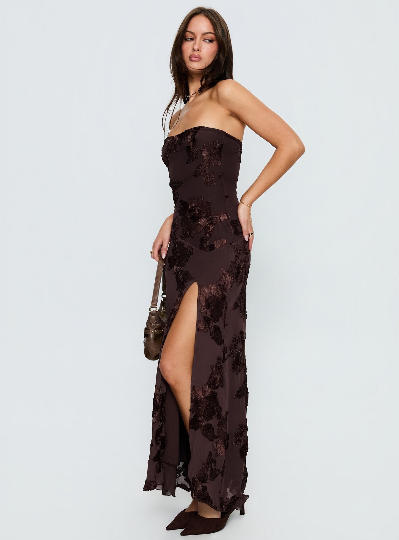 Maribeth Strapless Floral Maxi Dress Chocolate Brown - Image 4