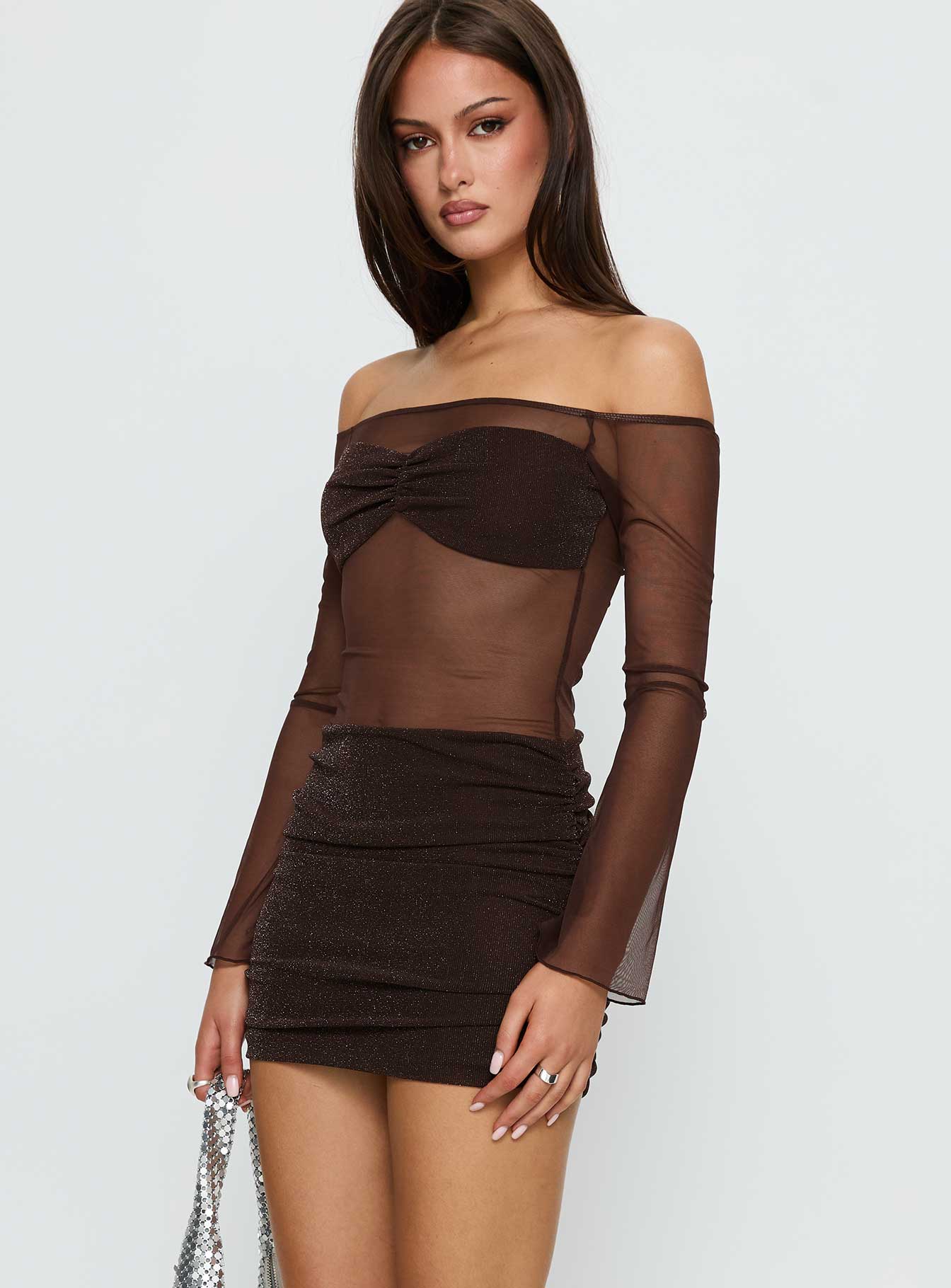 Briseida Mesh Long Sleeve Mini Dress Chocolate - Image 3