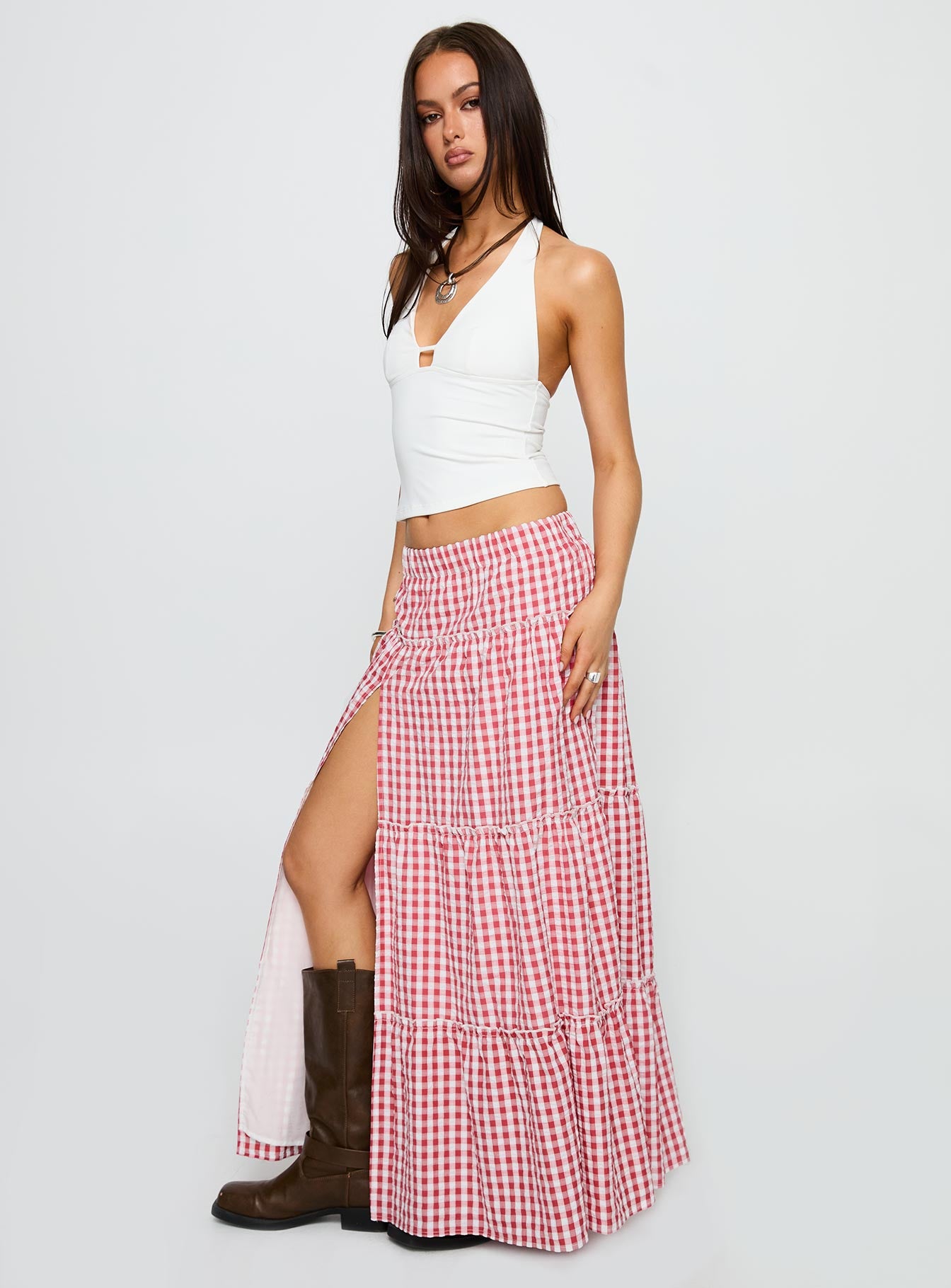 Ilaina Tiered Maxi Skirt Red Check - Image 3