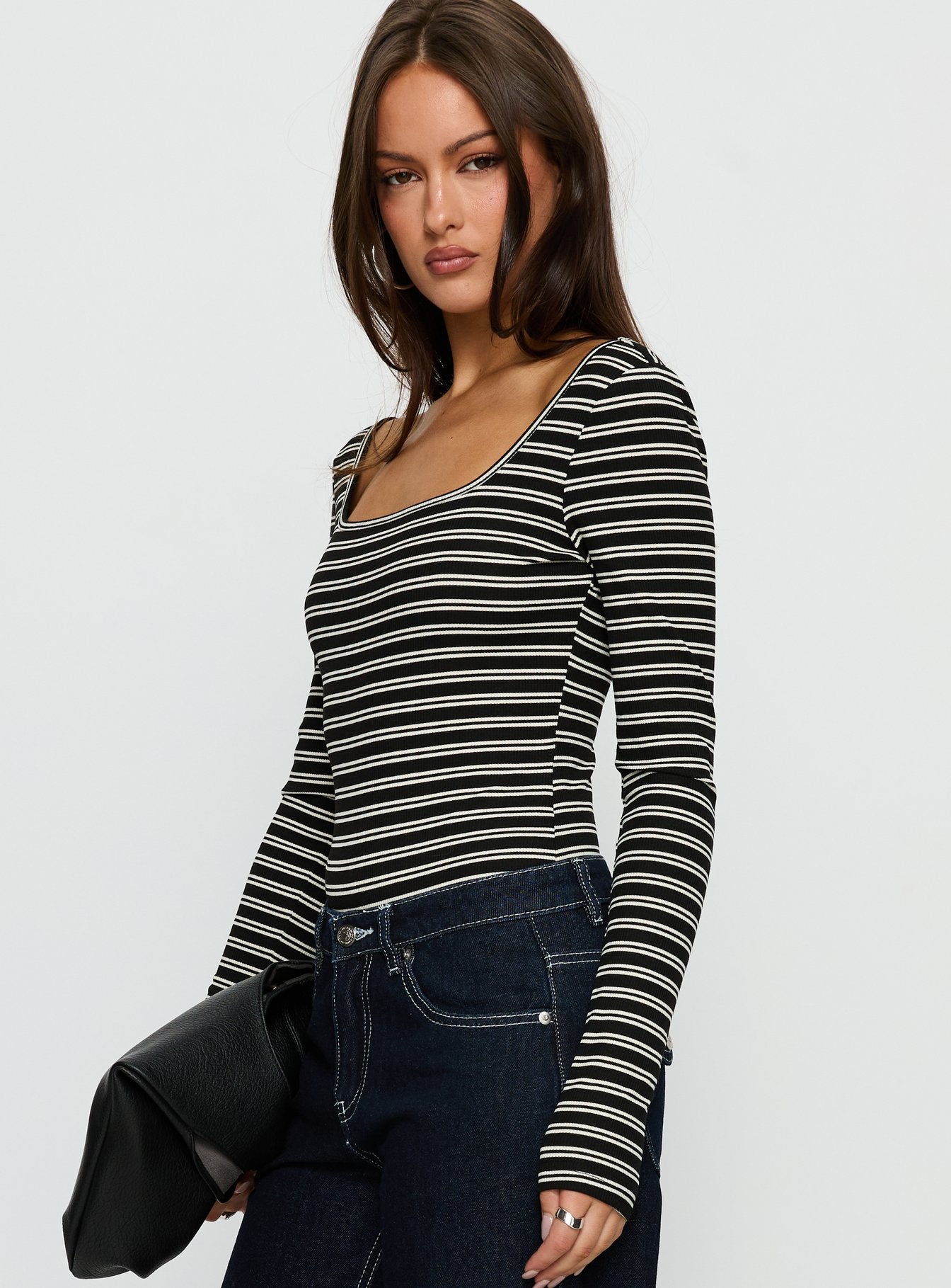 Donica Square Neck Long Sleeve Bodysuit Grey Stripe - Image 3