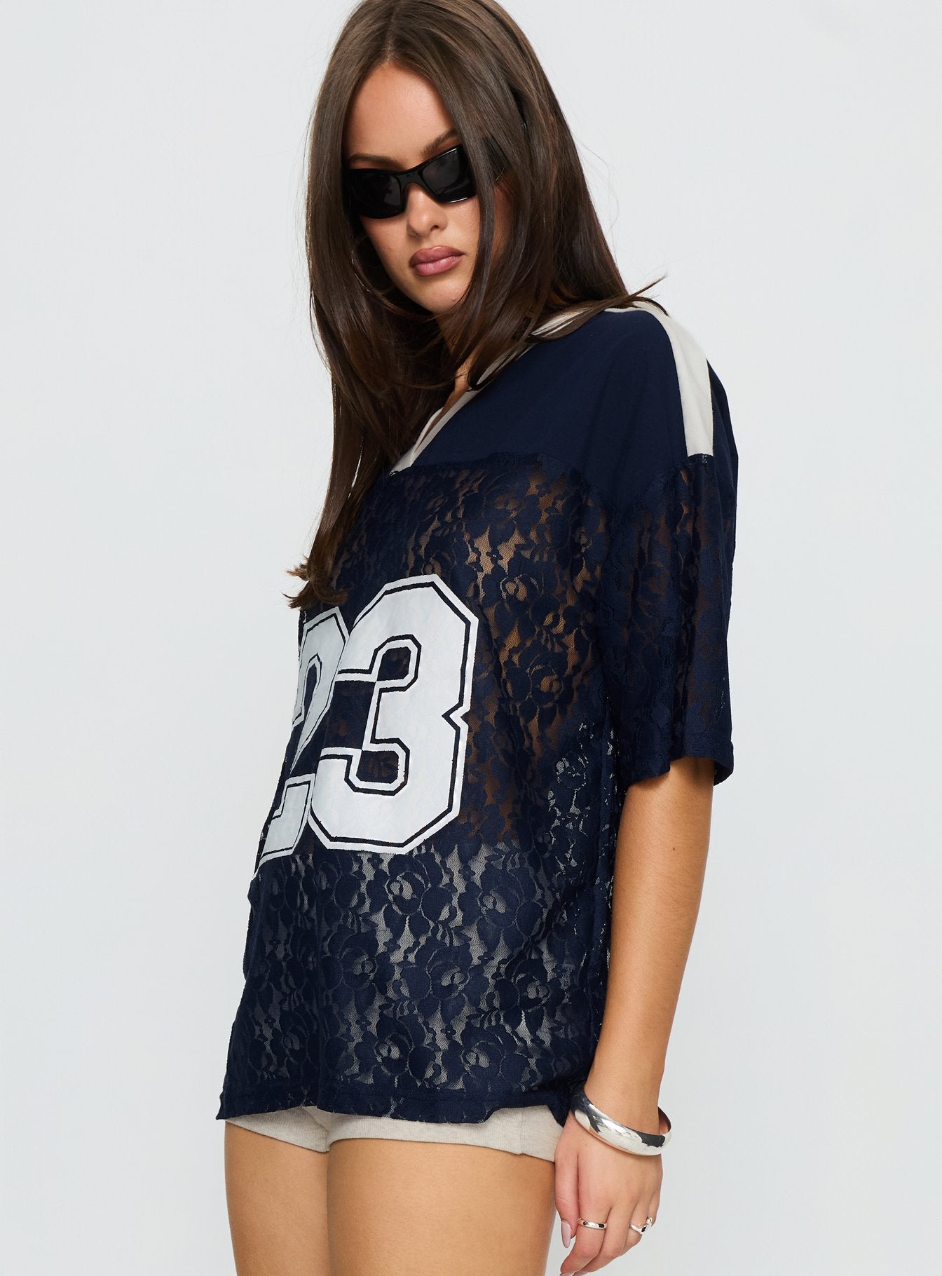 Lucky 23 Lace Jersey Graphic Top Navy - Image 4