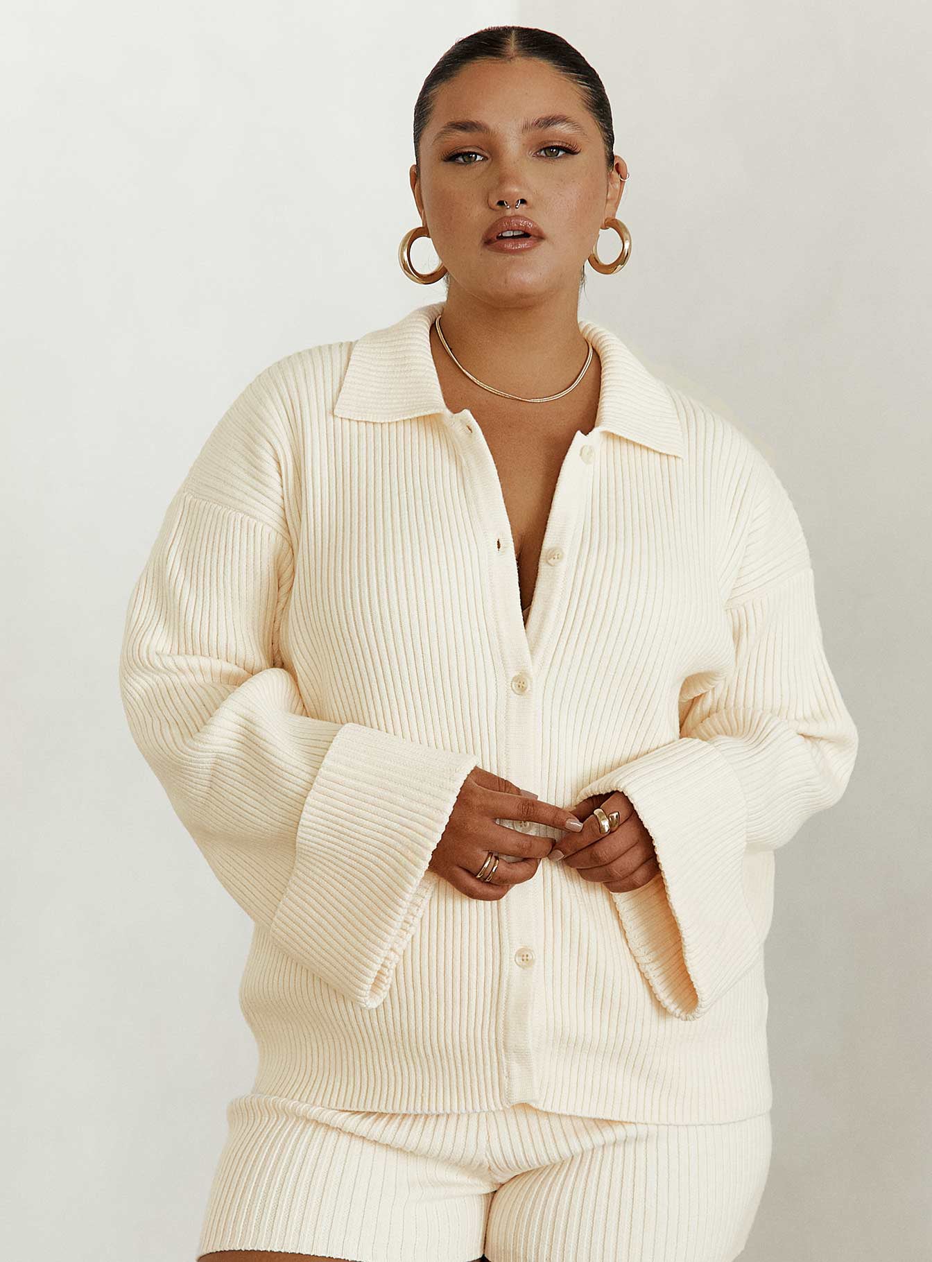 Jhett Long Sleeve Knit Shirt Cream Curve - Image 3