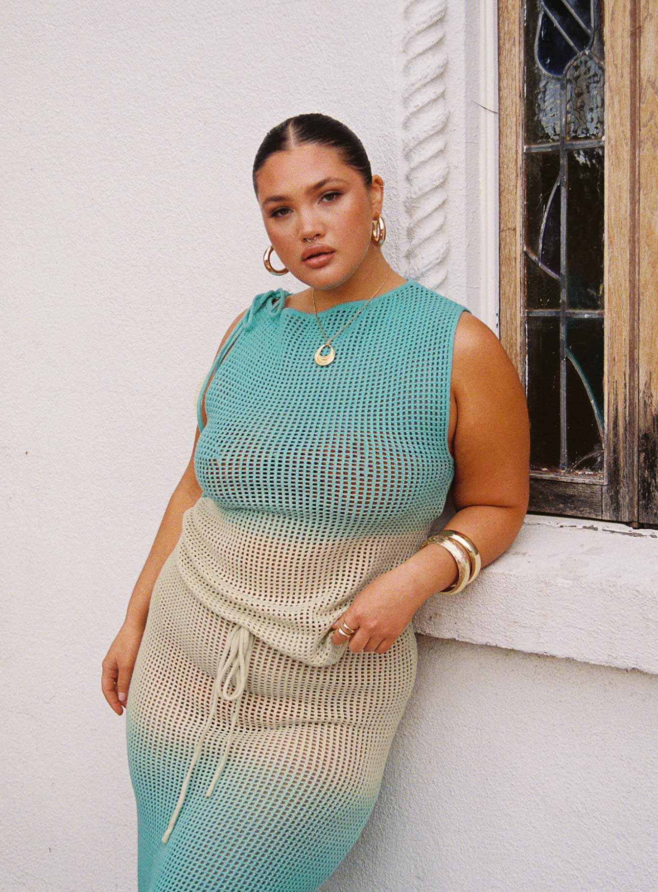 Auralia Asymmetric Knit Top Blue / Cream Curve - Image 3