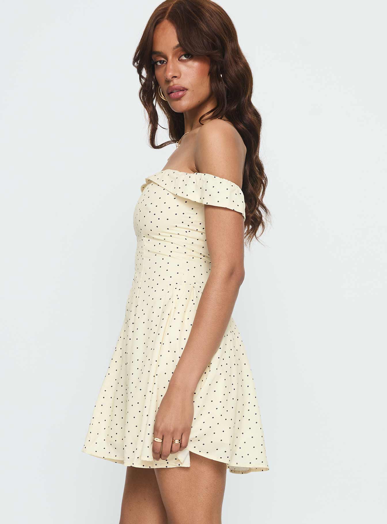Rosebud Off The Shoulder Mini Dress Yellow / Polka Dot - Image 3