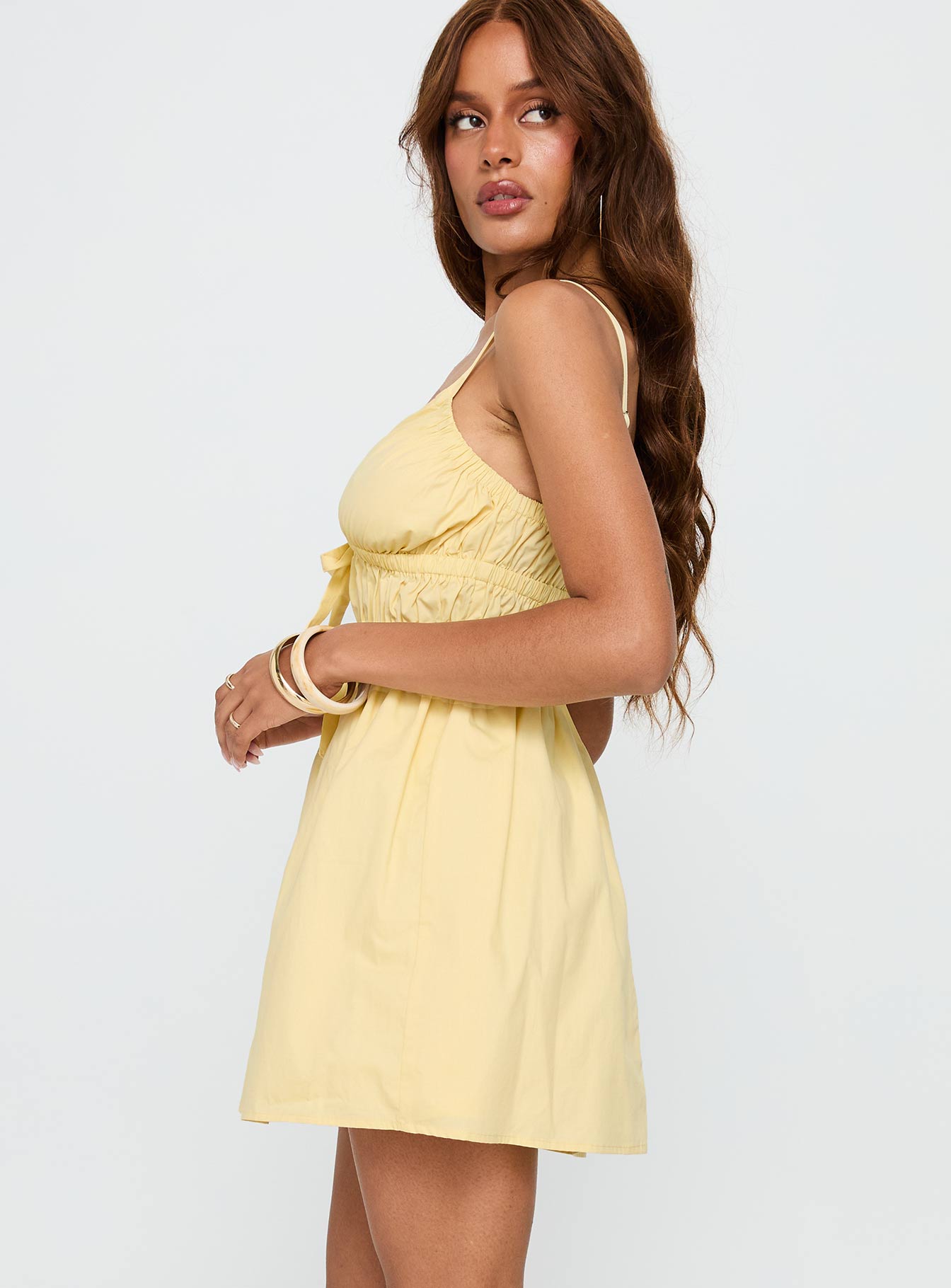 Viviette Ruched Mini Dress Lemon - Image 4