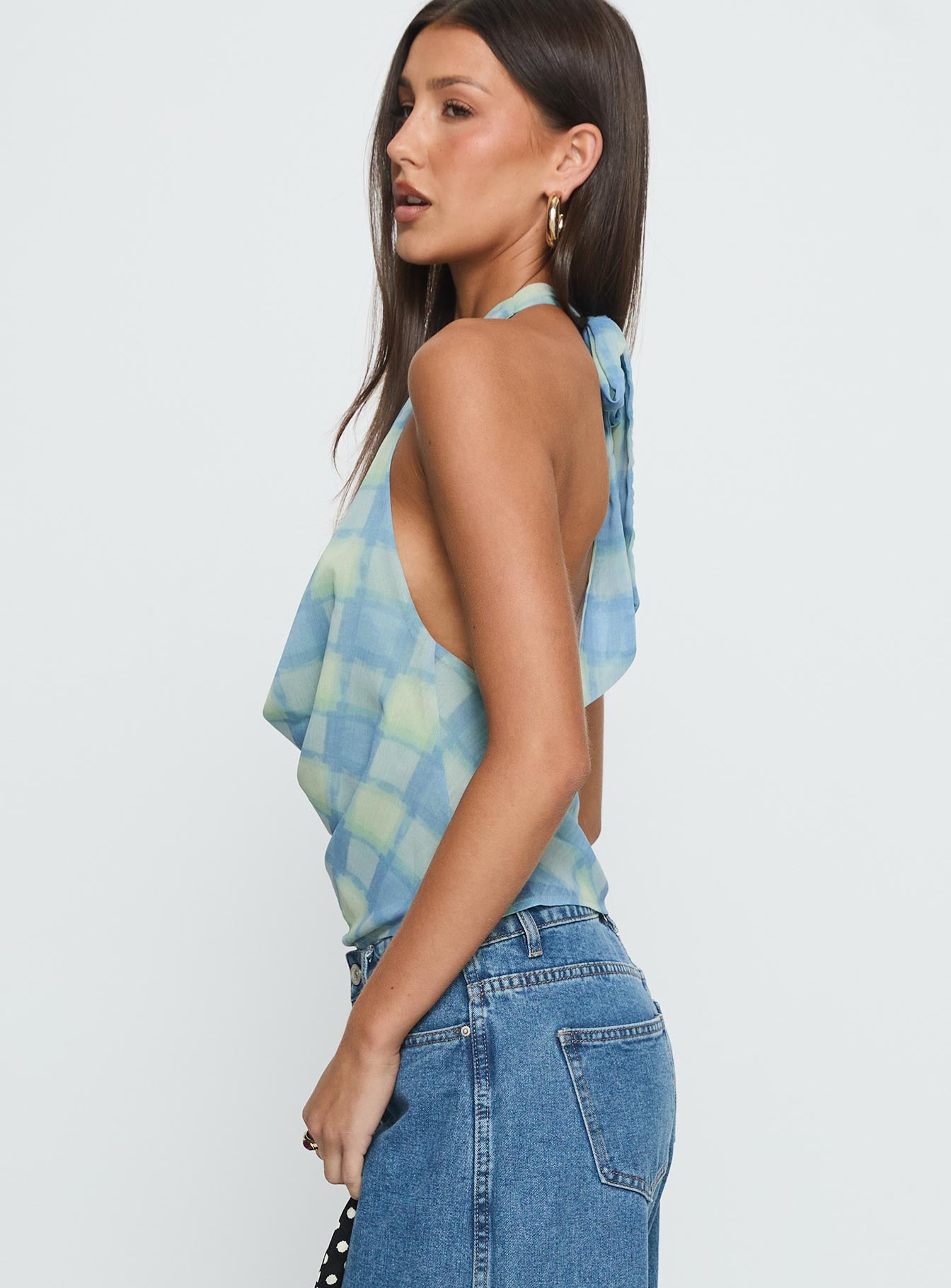 Karelyn Plunge Neck Top Teal Check - Image 4