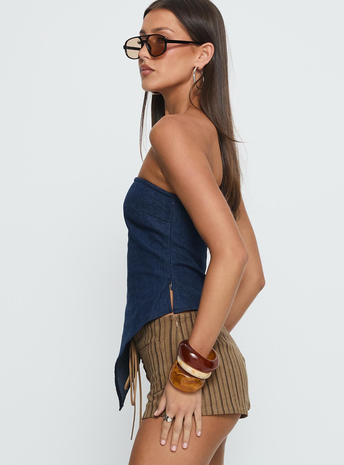 Birdie Asymmetric Denim Top Dark Blue - Image 4