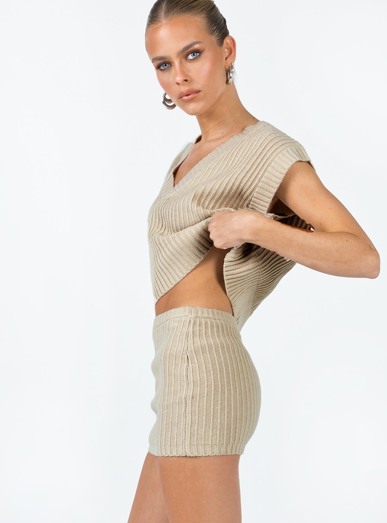 Saddle Knit Mini Skirt Beige - Image 4
