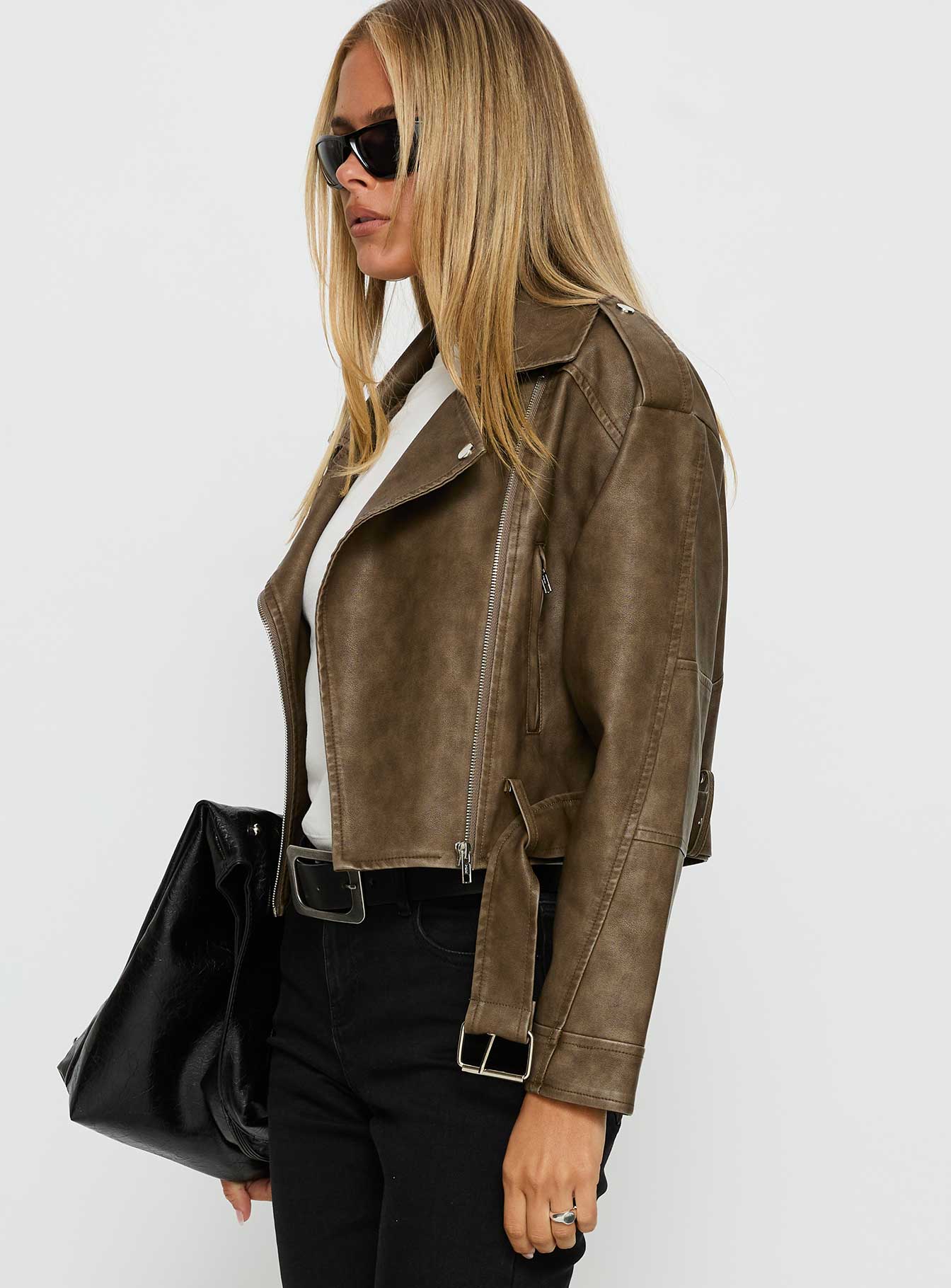 Talisha Faux Leather Biker Jacket Brown - Image 4