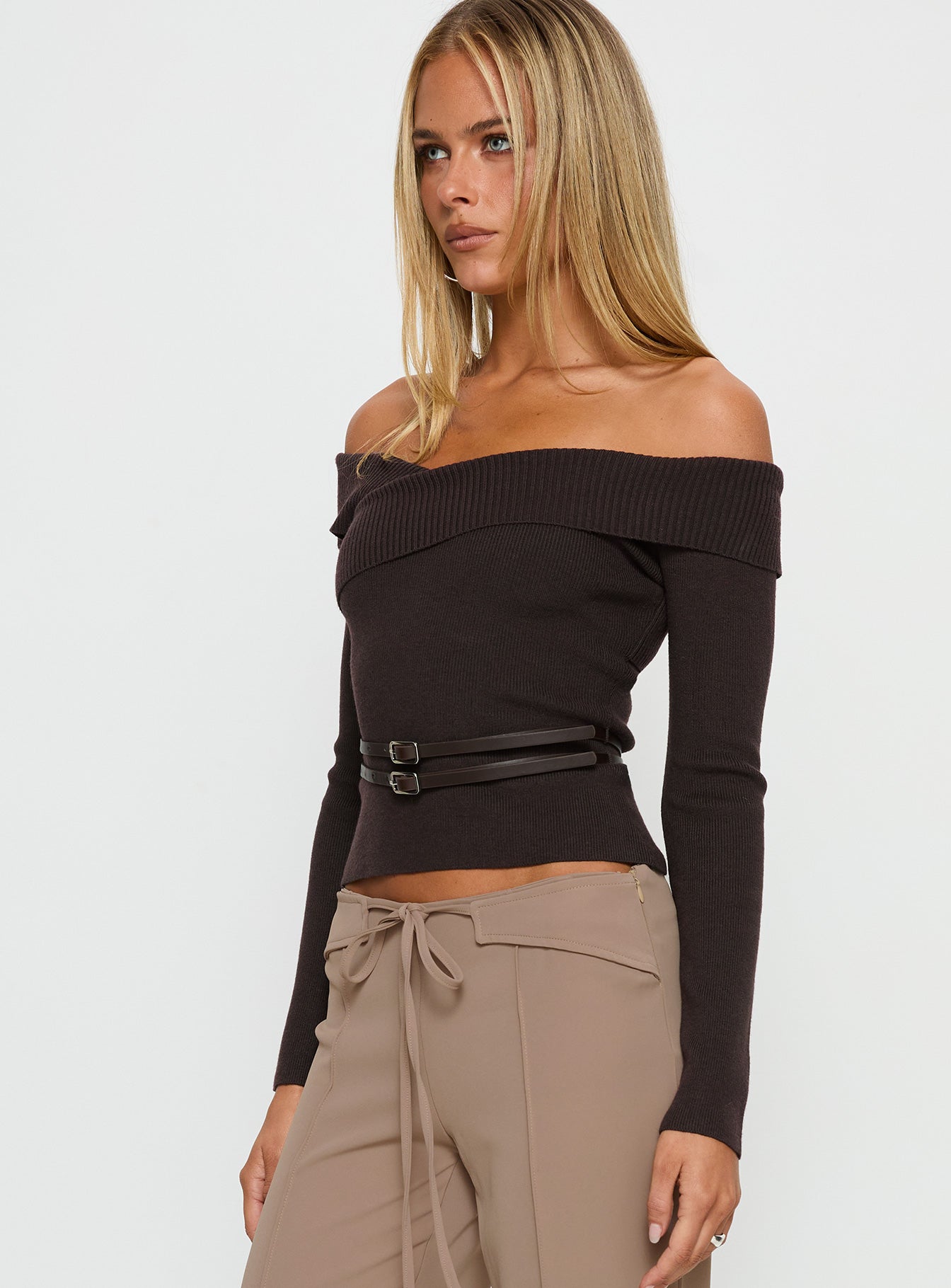 Ellenore Belt Detail Off Shoulder Top Brown - Image 4