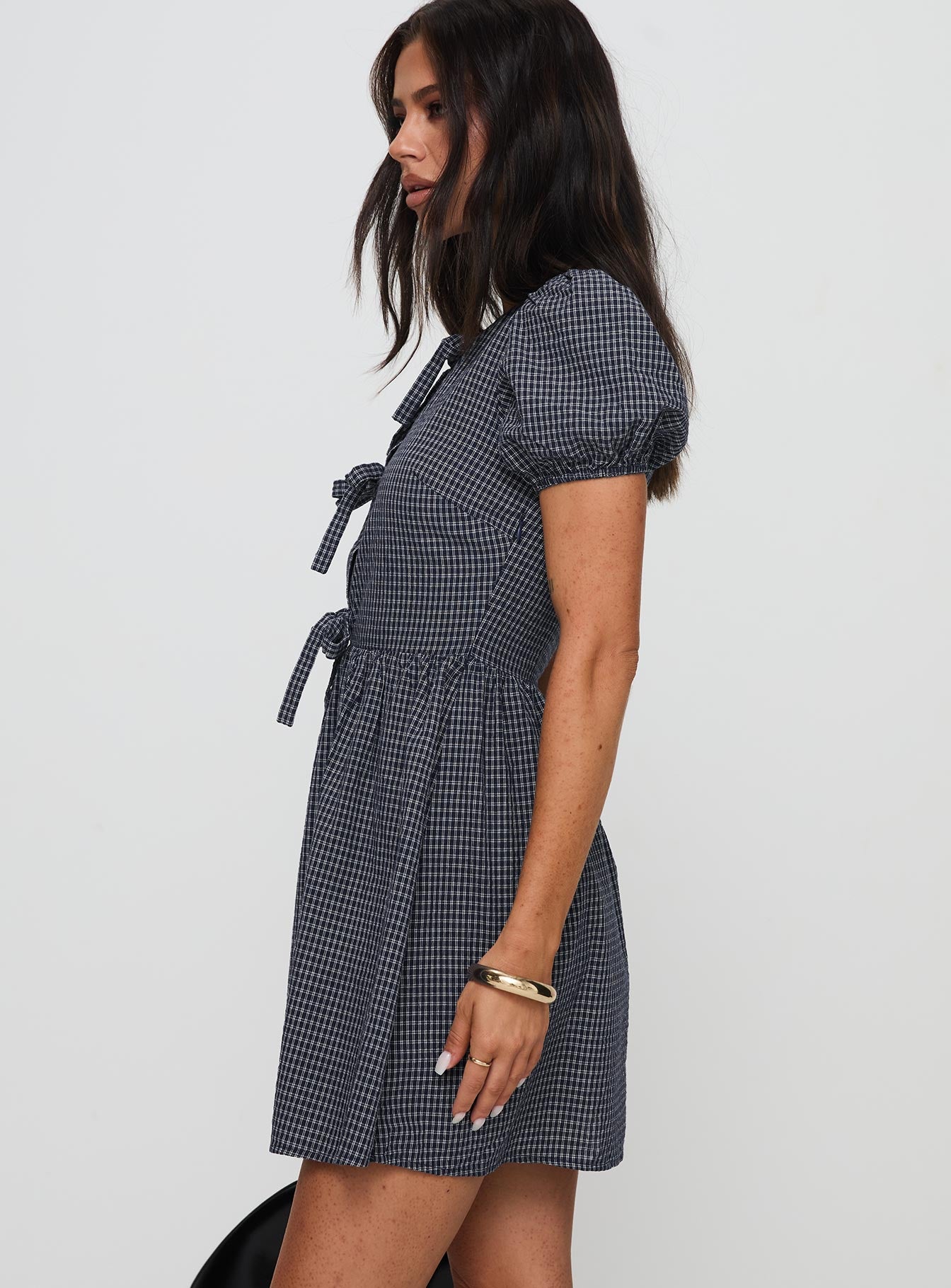 Nurture Bow Mini Dress Navy Check - Image 3