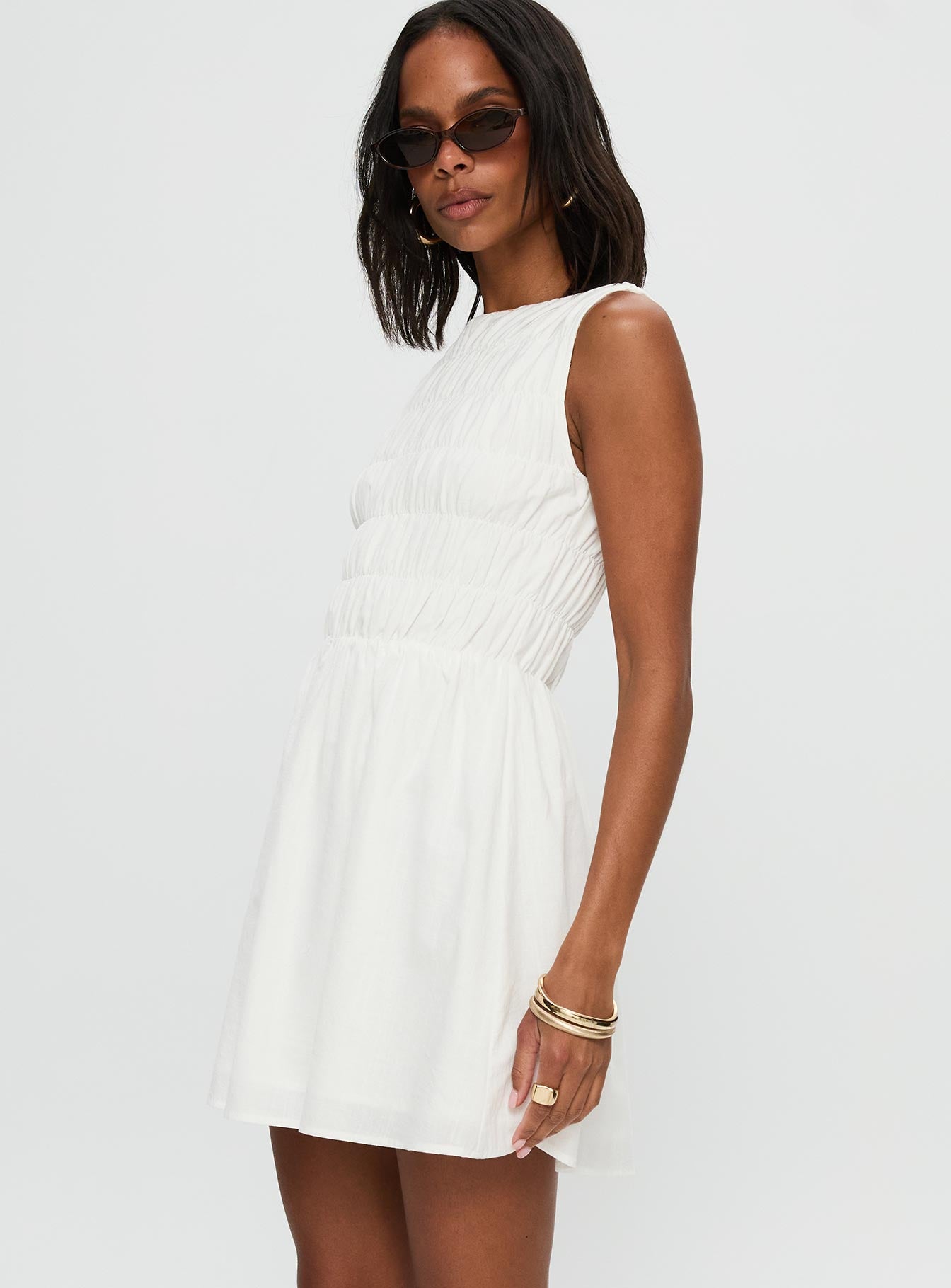 Melona Shirred Mini Dress White - Image 4