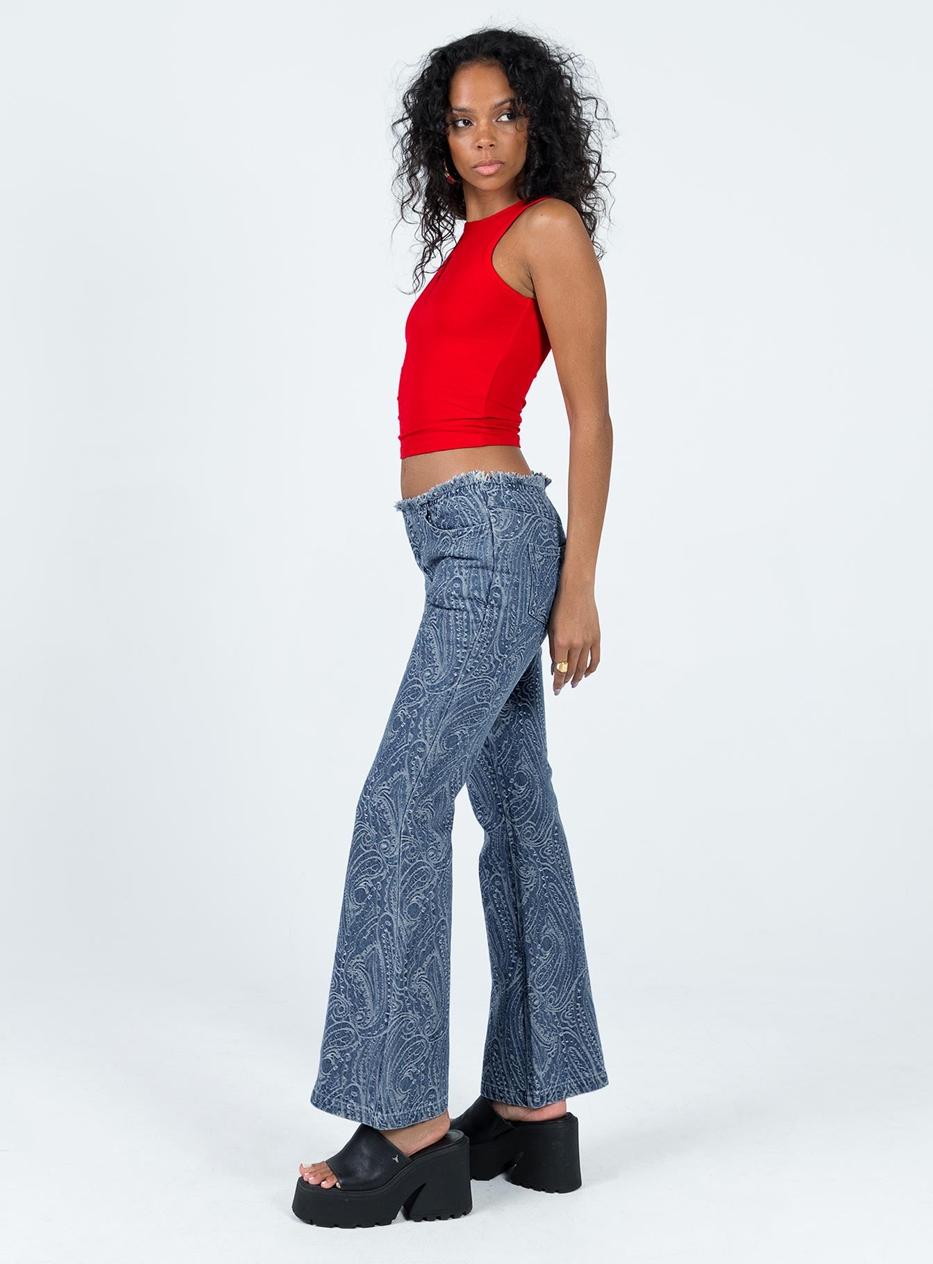 Loweana Low Rise Jacquard Flare Jean Blue Denim - Image 4