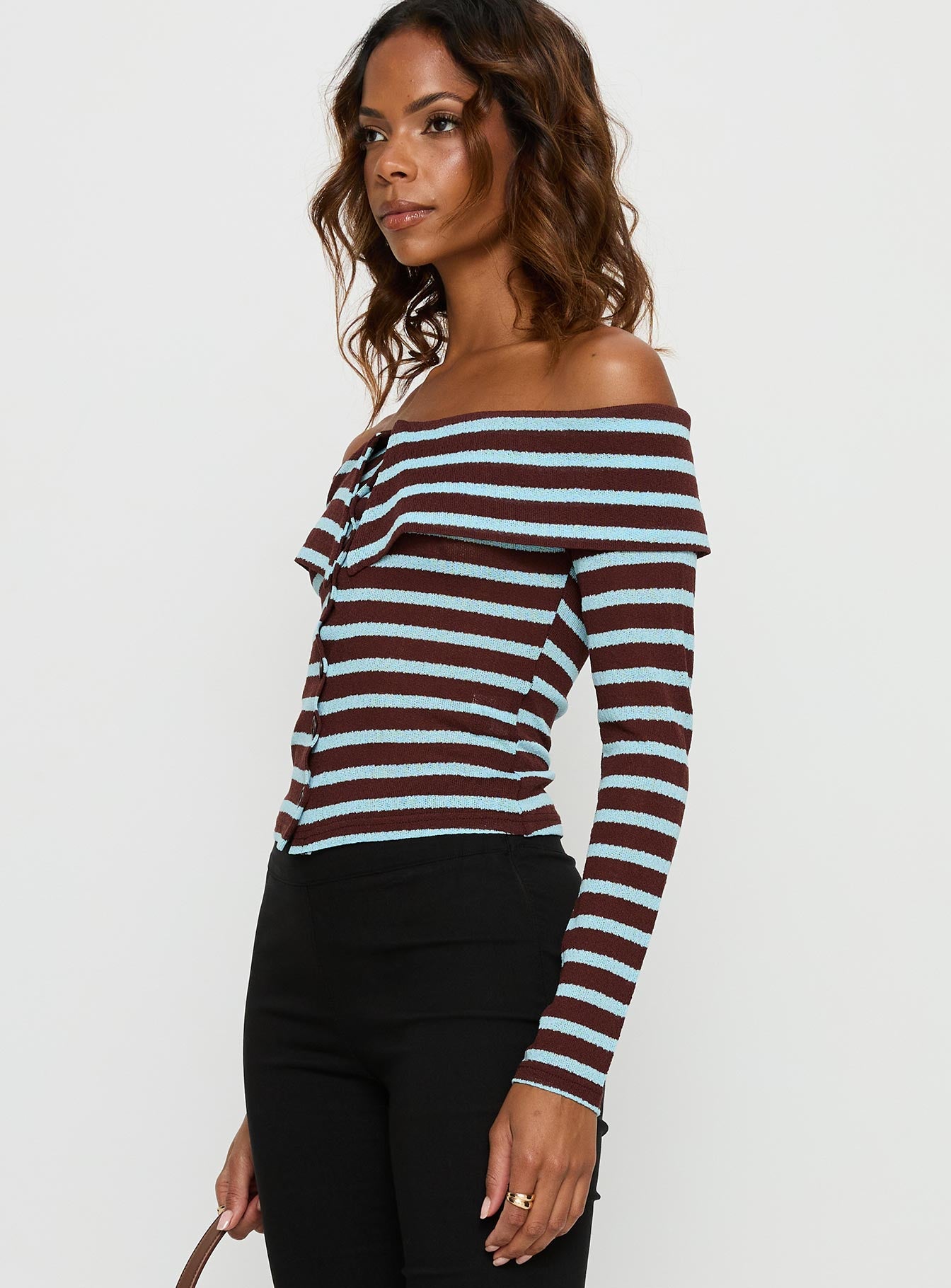 Raelena Off Shoulder Long Sleeve Top Blue / Brown Stripe - Image 3