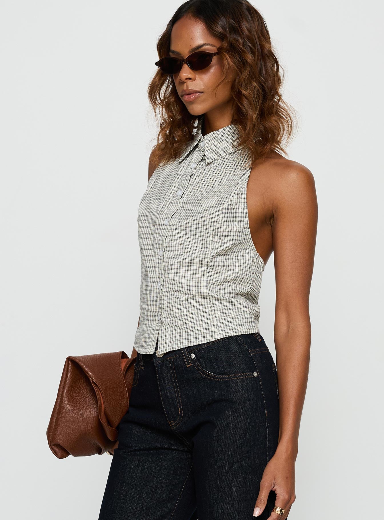 Different Dimensions Sleeveless Collared Top Check - Image 4