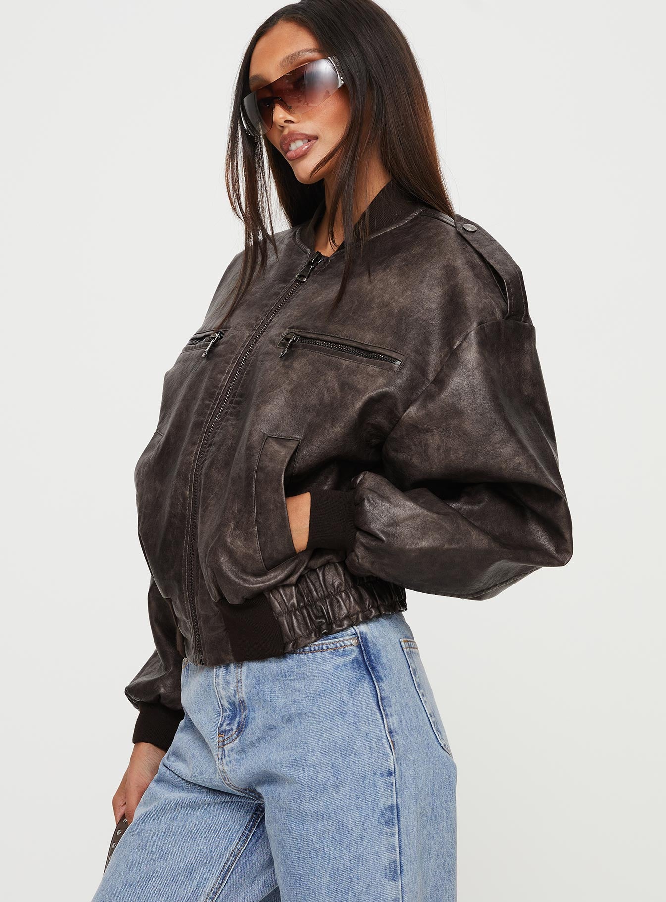 Casey Faux Leather Biker Jacket Chocolate - Image 4