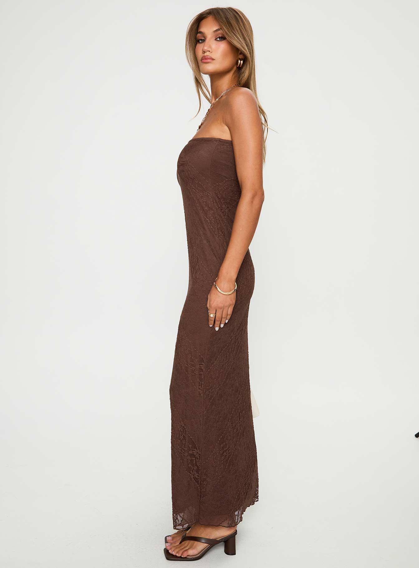 Majorca Strapless Lace Maxi Dress Chocolate - Image 3