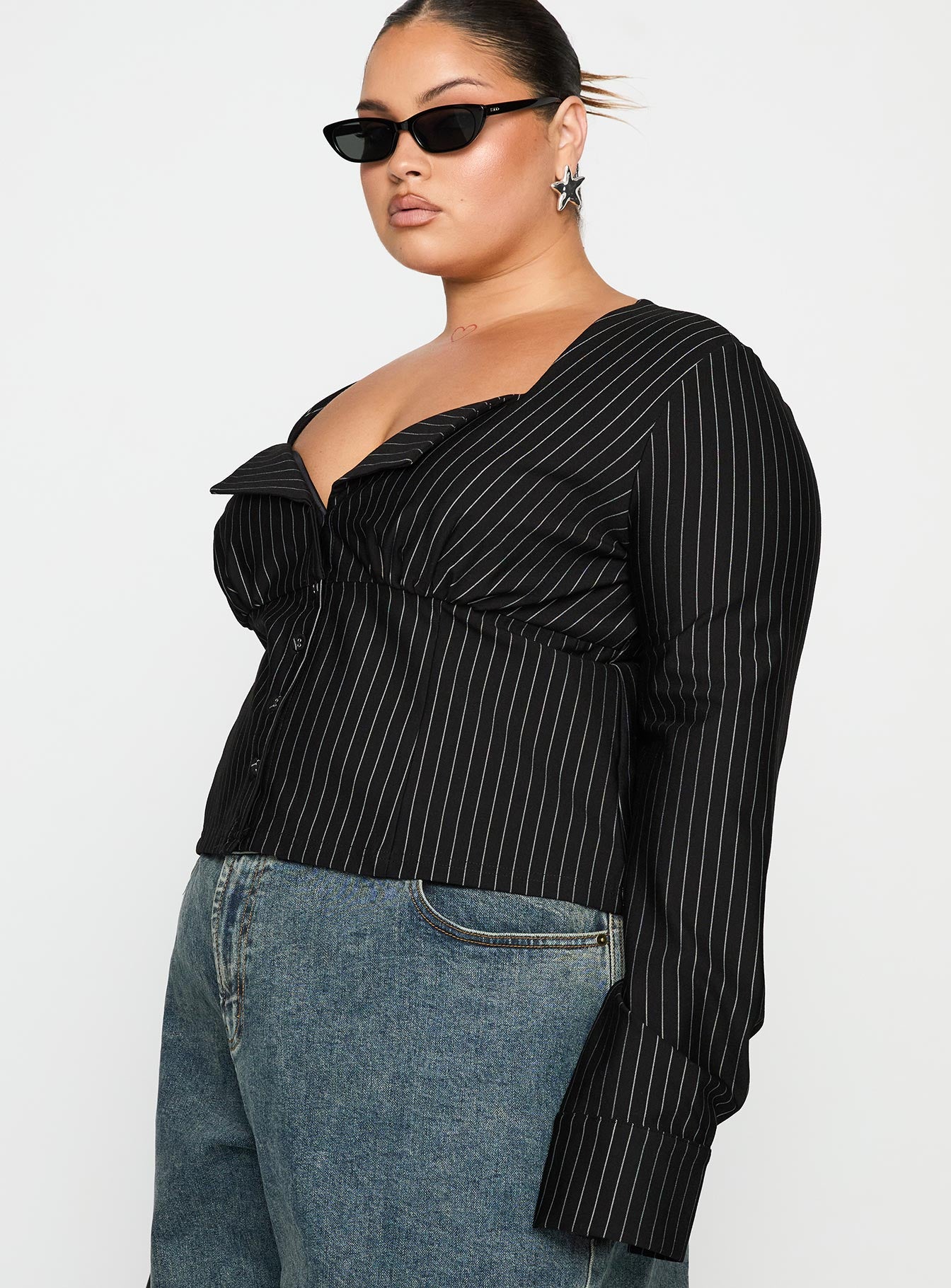 Set For Life Foldover Detail Long Sleeve Top Black / White Pinstripe Curve - Image 4