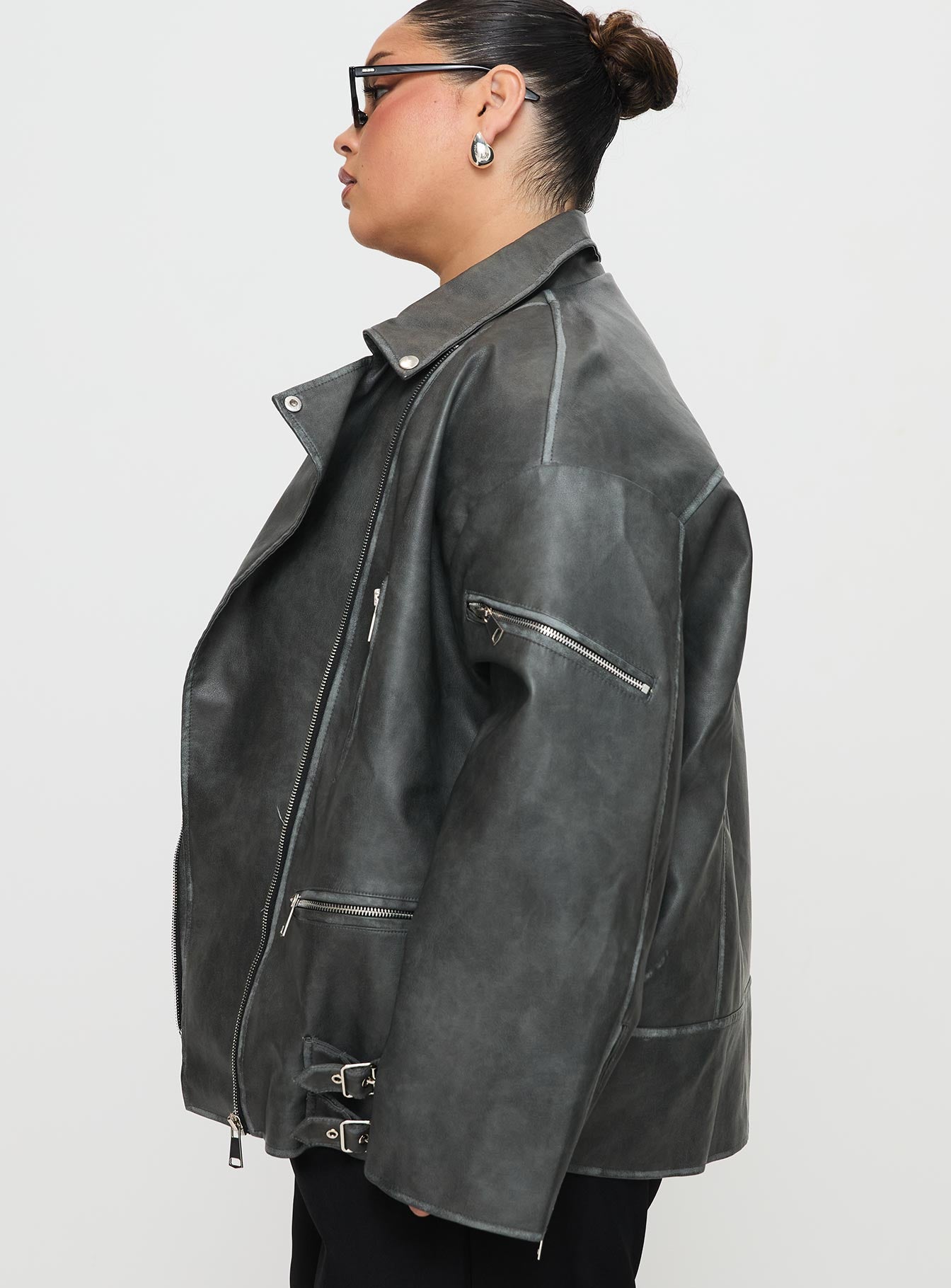 Magnets Faux Leather Jacket Washed Charcoal Curve - Image 4