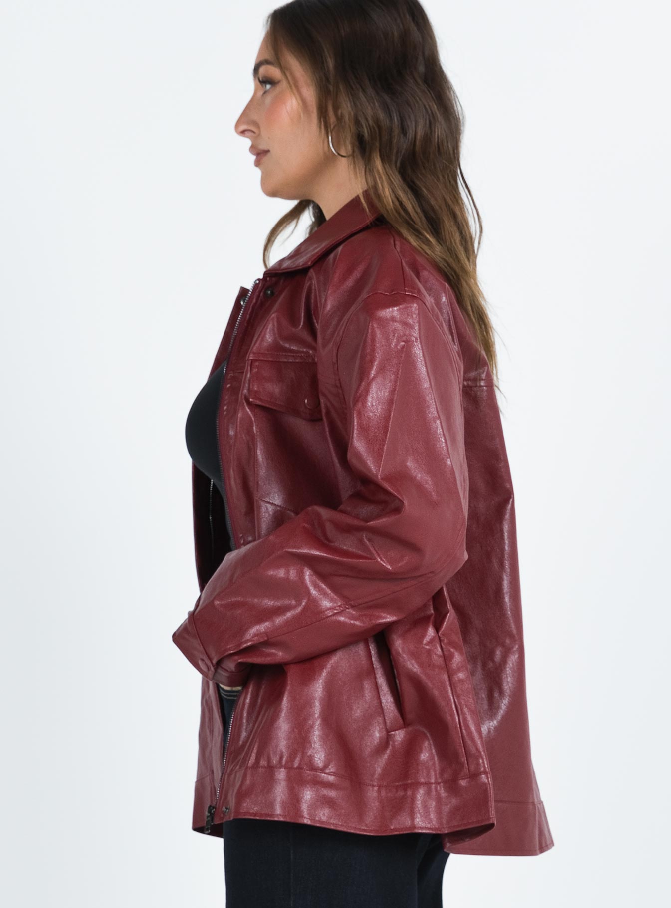 Callie Faux Leather Jacket Burgundy - Image 6