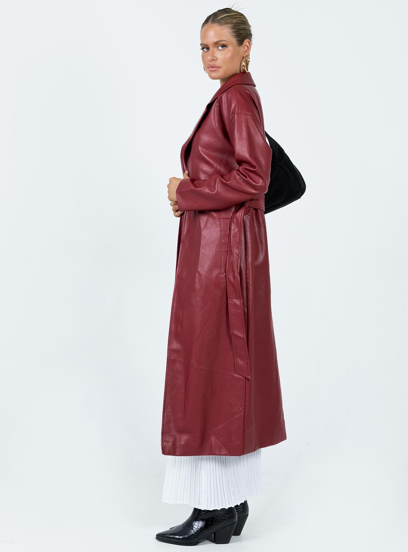 Leif Faux Leather Long Coat Burgundy - Image 4