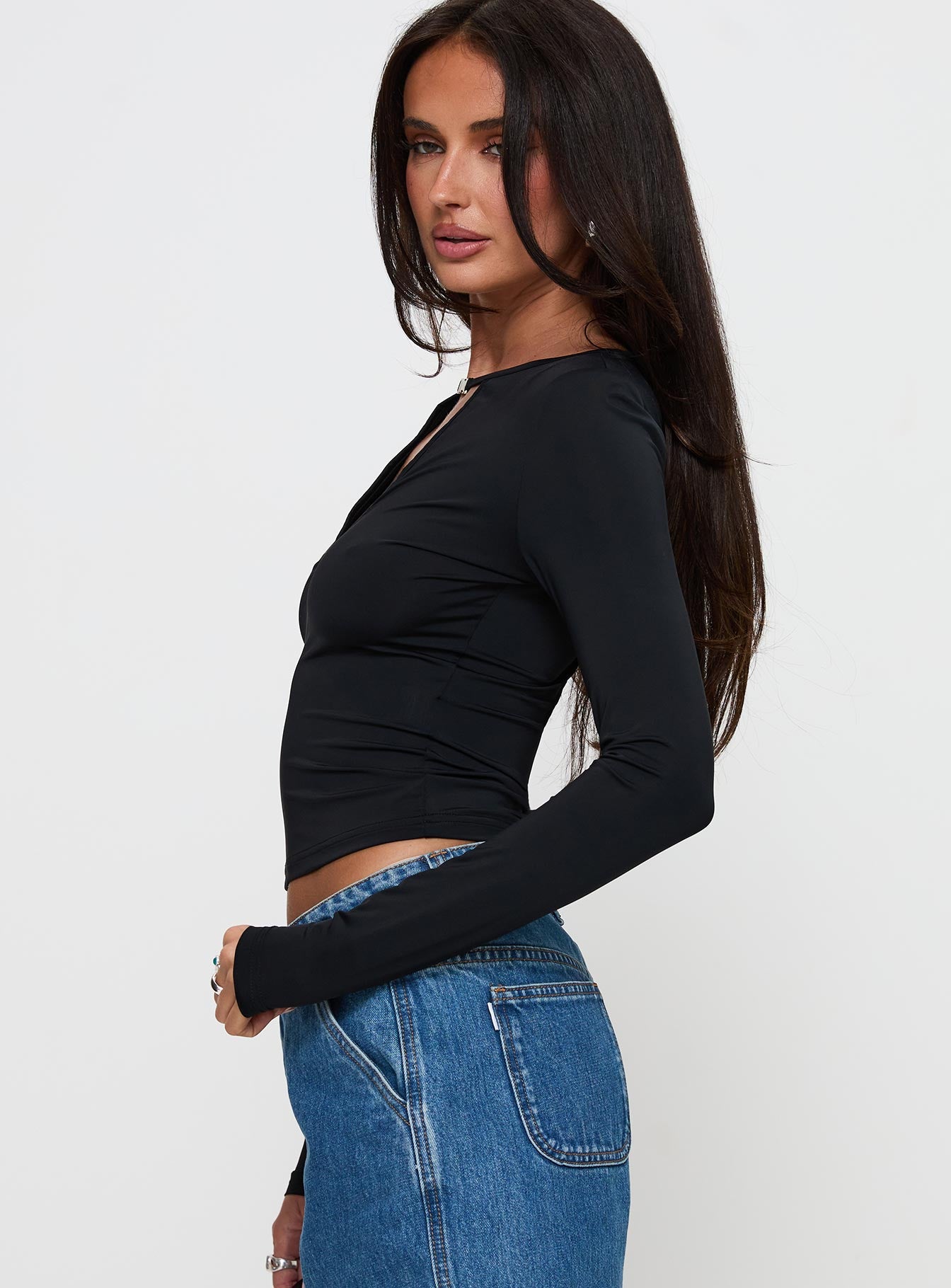 Layna Long Sleeve Plunge Neck Top Black - Image 3
