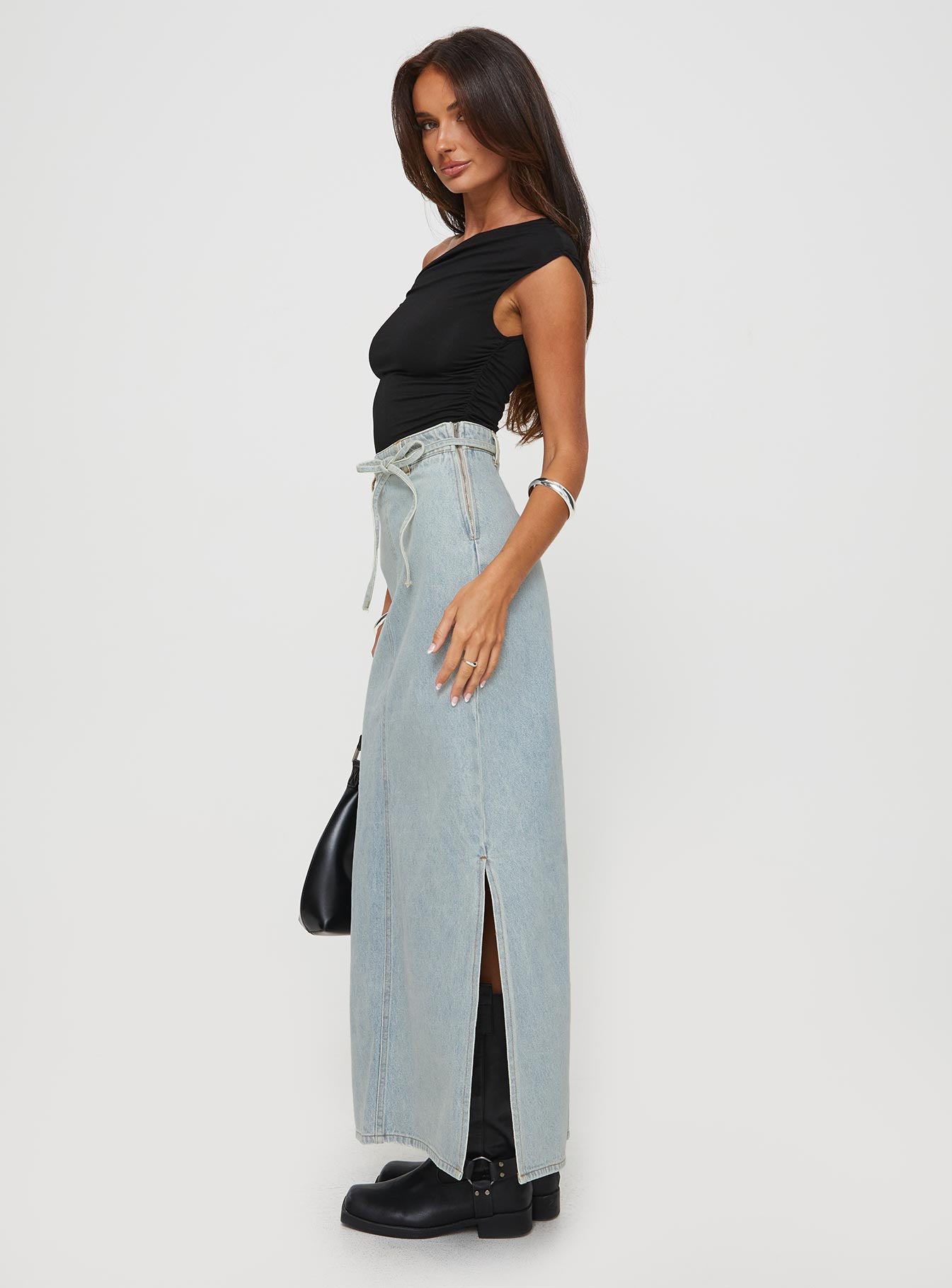 Brandee Tie Front Denim Maxi Skirt Light Wash - Image 4