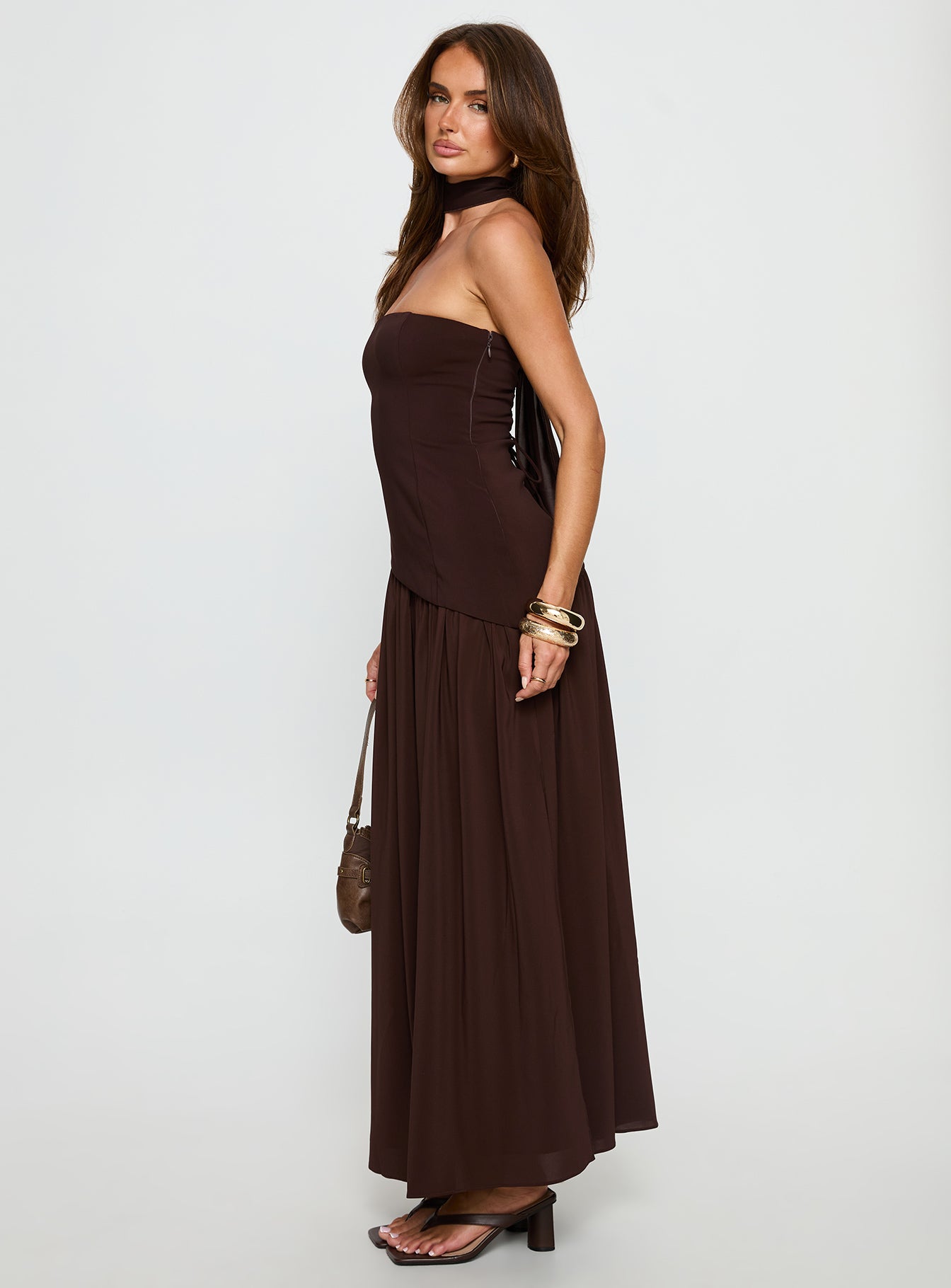 Odela Strapless Drop Waist Maxi Dress Chocolate - Image 4