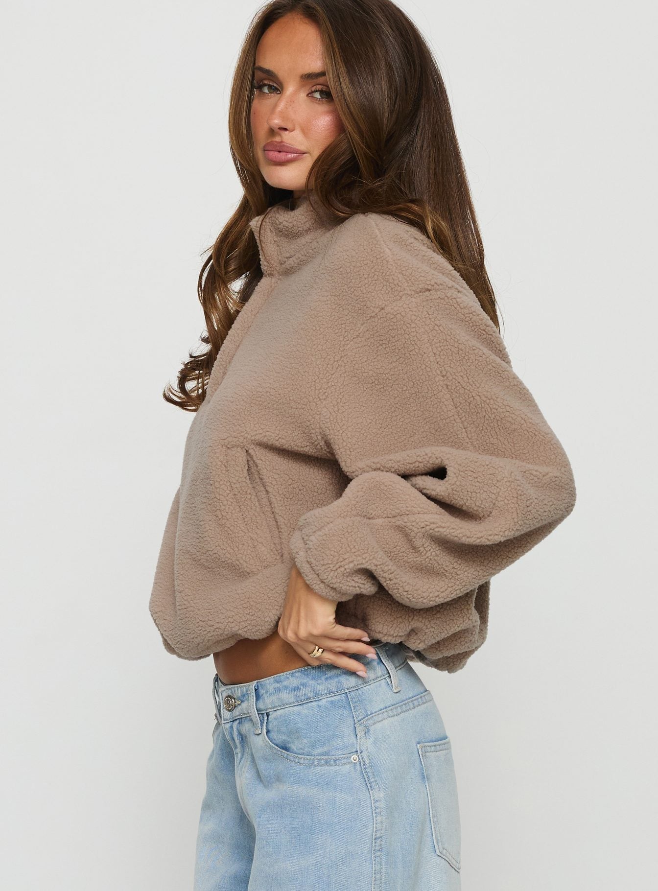 Icy Days Fleece Quarter Zip Jumper Light Brown - Image 3